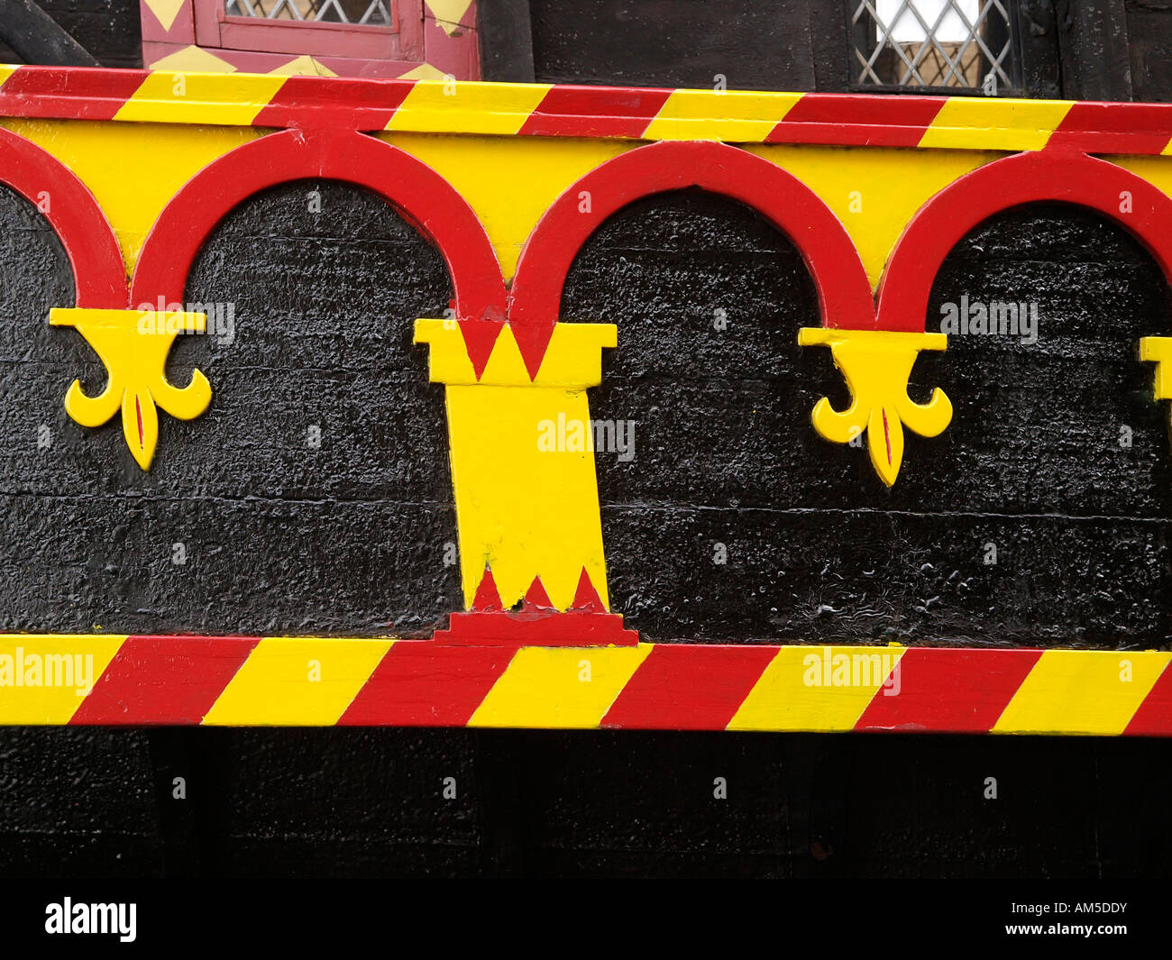 Detail of the Golden Hinde (Hind) a full size replica of Sir Francis Drakes 16th century ship docked near Southwark Cathedral. Stock Photo