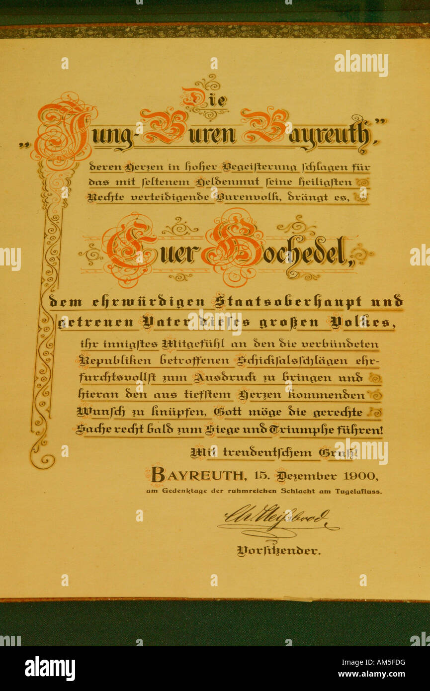 Document from Bayreuth for president Paul Kruger, Kruger Museum, Pretoria, South Africa Stock Photo