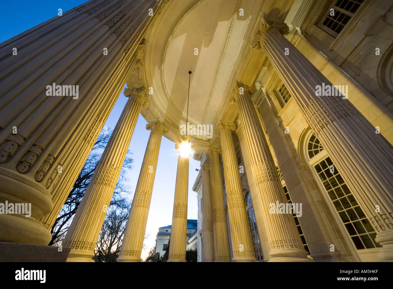 Extreme wide angle view of the covered rotunda of the portico of the DAR hall building Washington DC Stock Photo