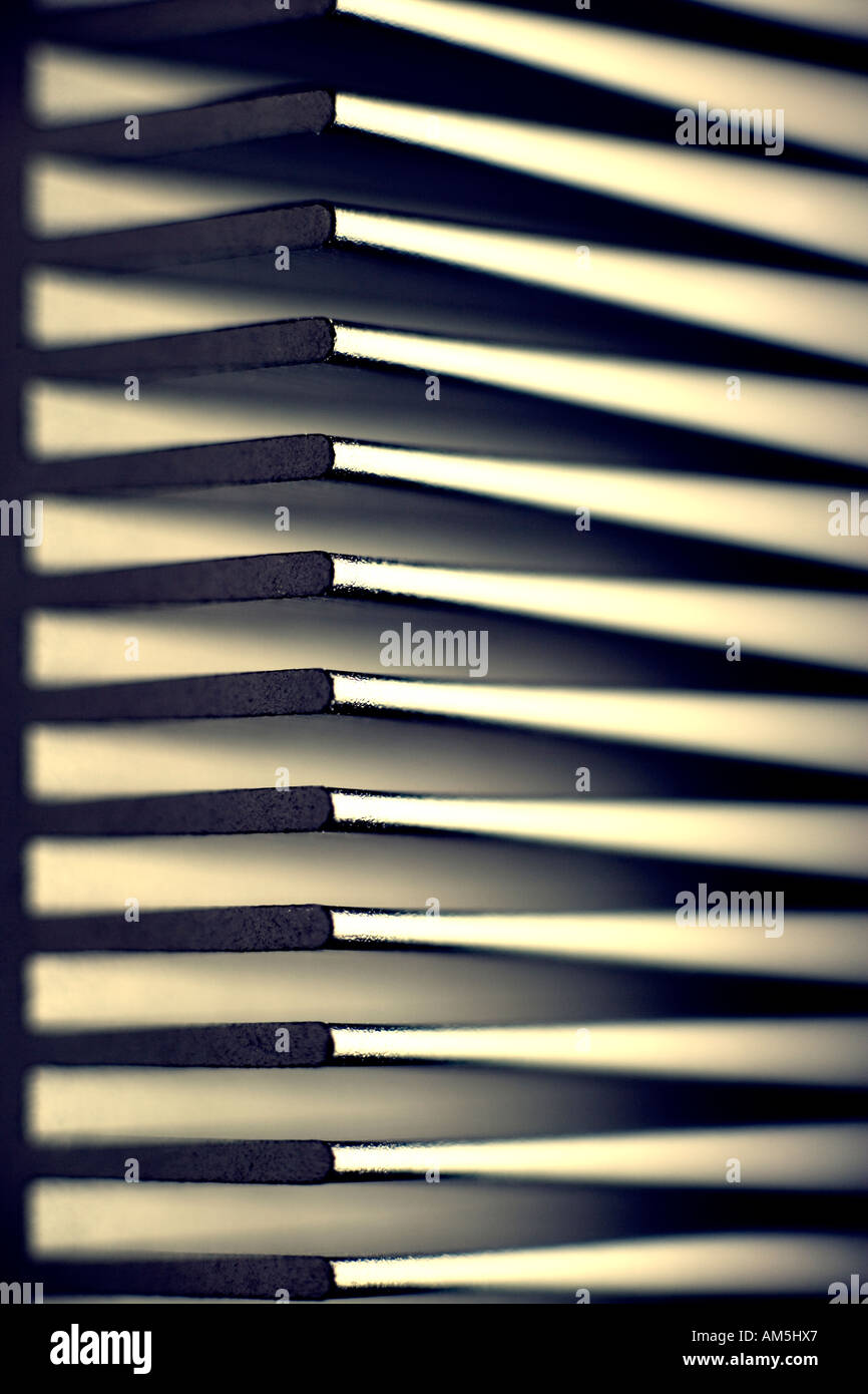 close-up detail of computer hardware silent fan-less heatsink radiator shallow focus Stock Photo