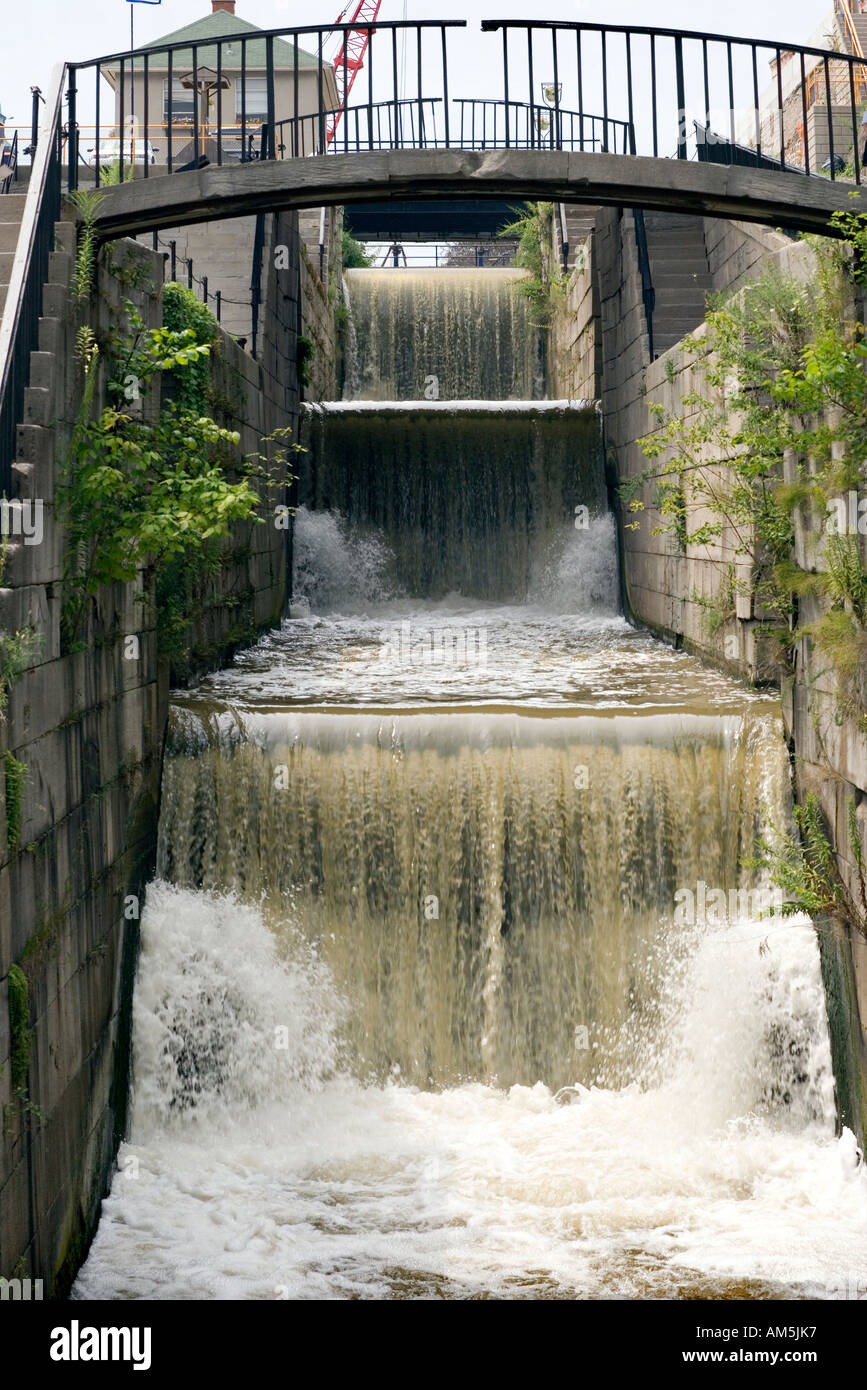 Erie Canal lock Flight of Five historic locks, now a bypass or slipway, Lockport Stock Photo