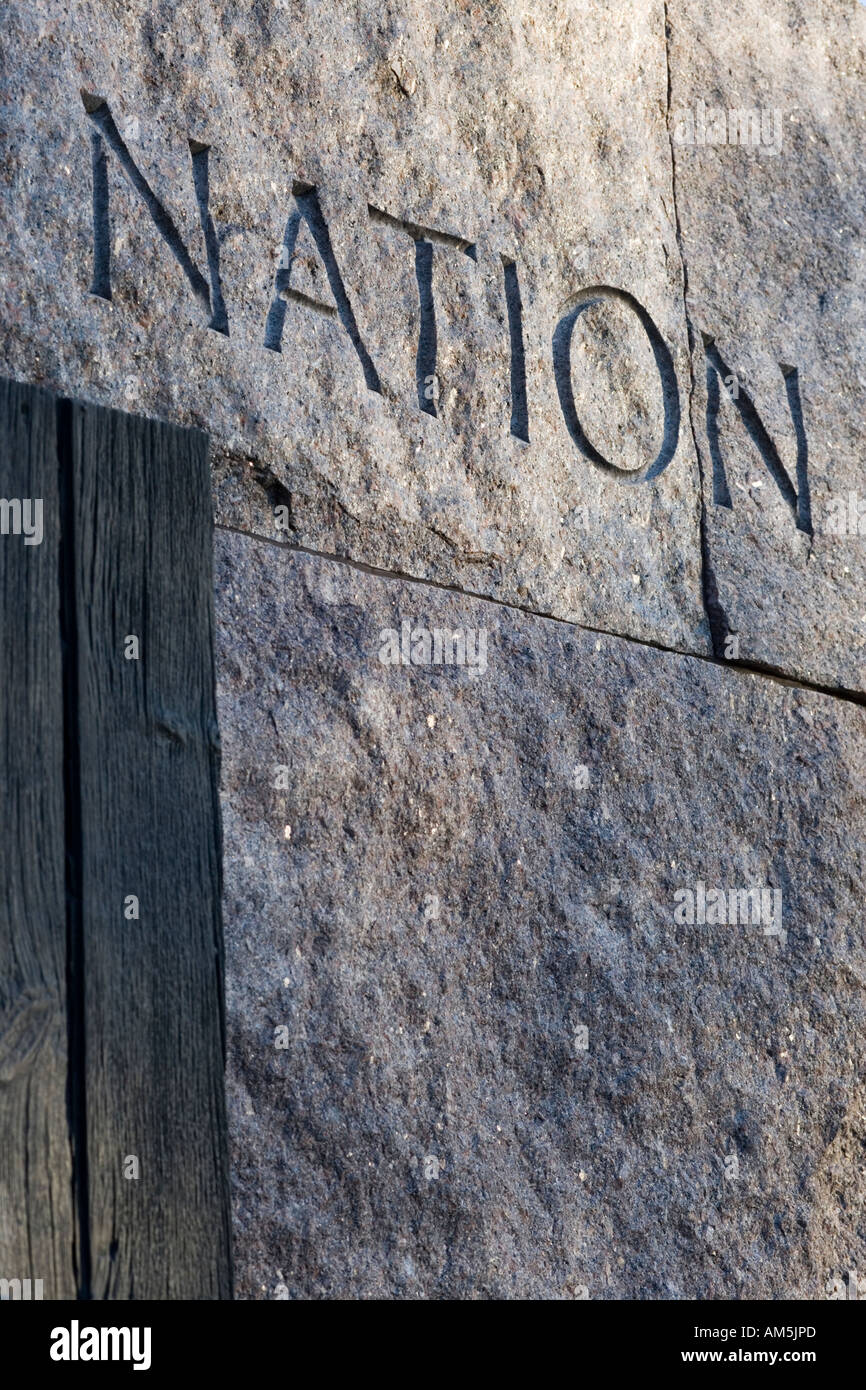 Text inscription the word NATION illustrates the building block theory in political science. FD Roosevelt Memorial Washington DC Stock Photo