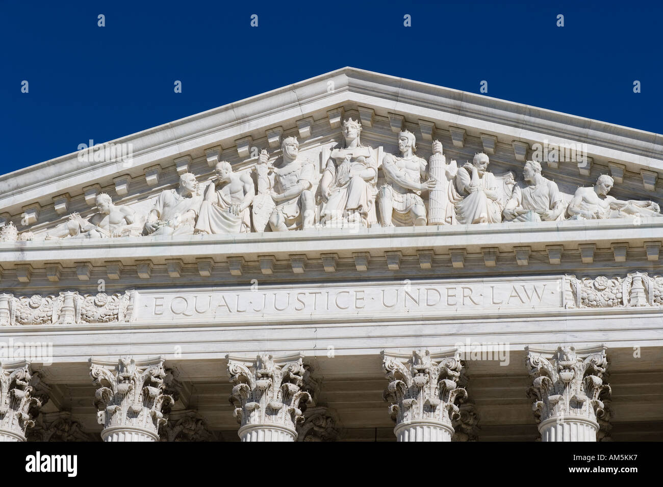 Main frieze of the US Supreme Court Building. Washington DC. On the architrave the famous words Equal Justice Under Law. Stock Photo