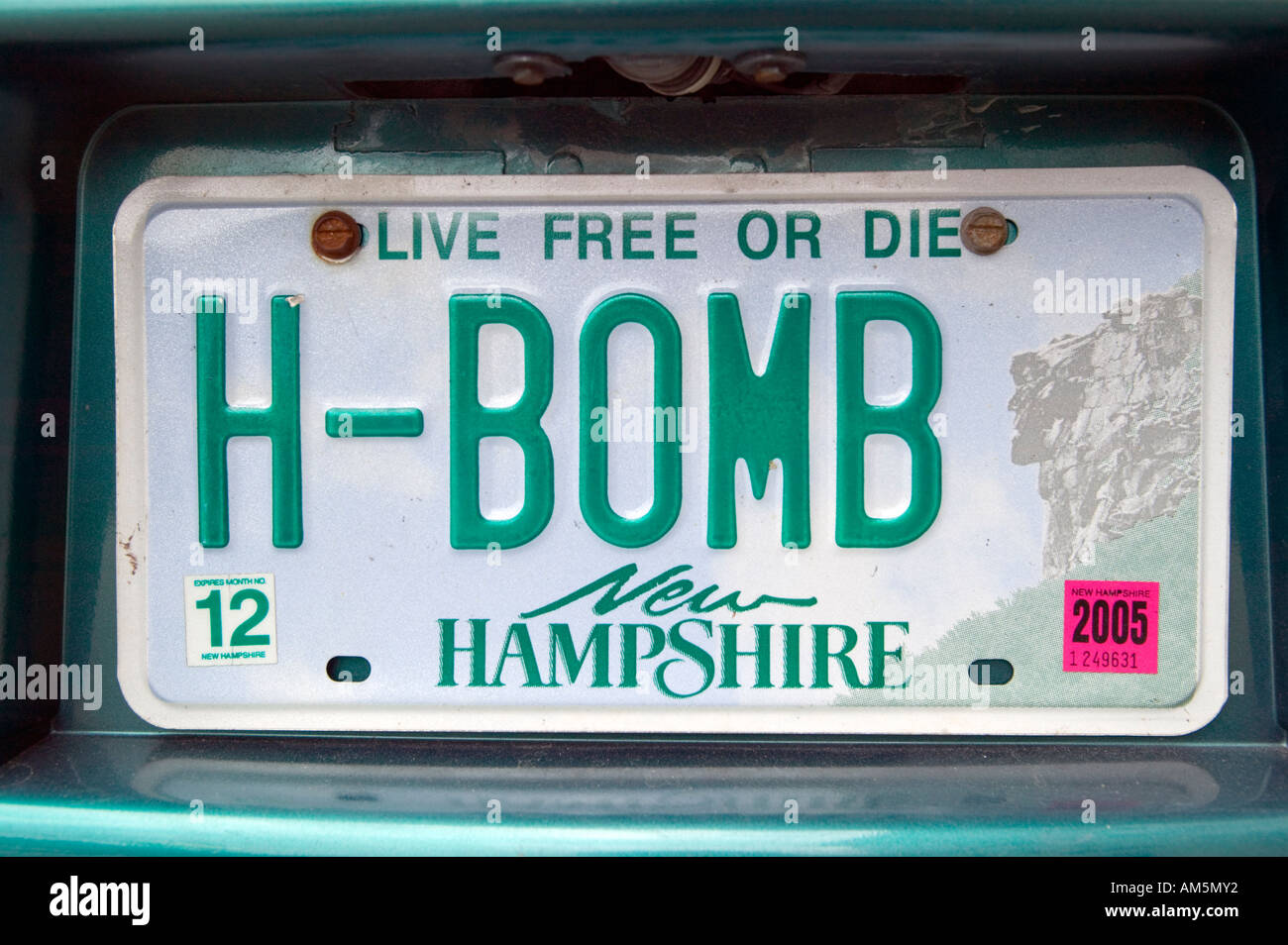 A New Hampshire license plate reads H BOMB Stock Photo