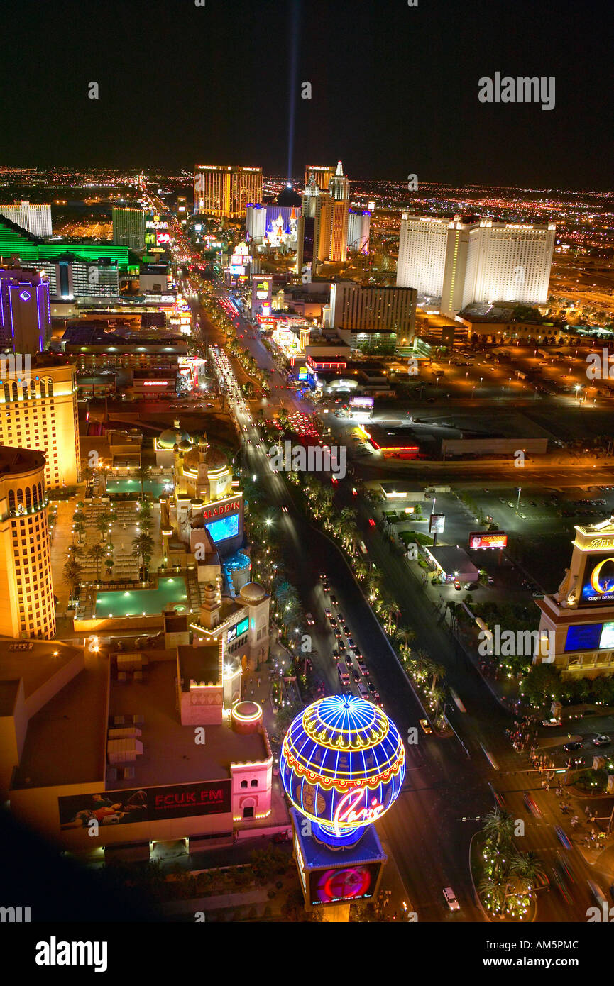 Aerial view at night from Eiffel Tower of Las Vegas Strip and neon