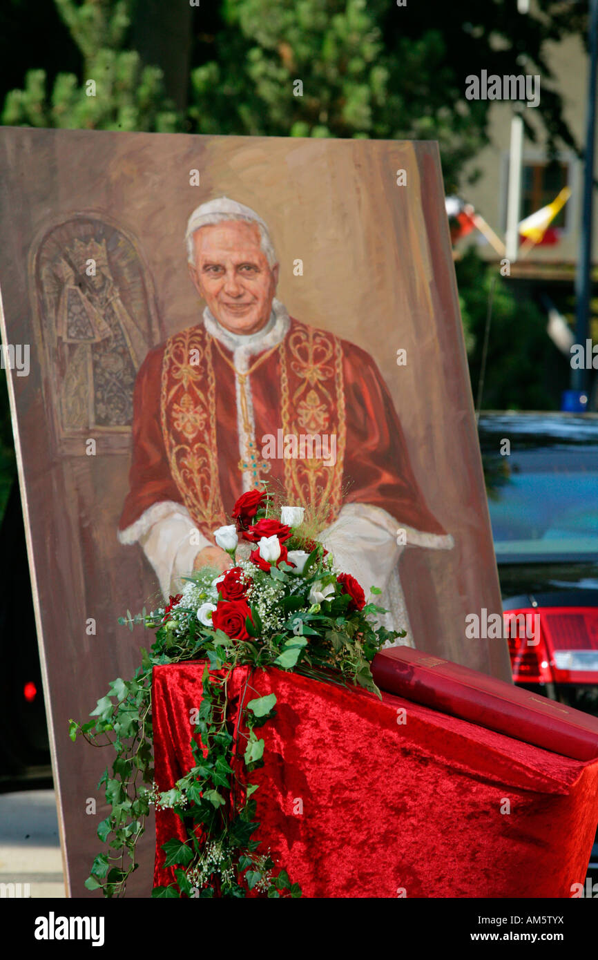 Painting, papal visit of Benedikt XVI., Altoetting, Bavaria, Germany Stock Photo