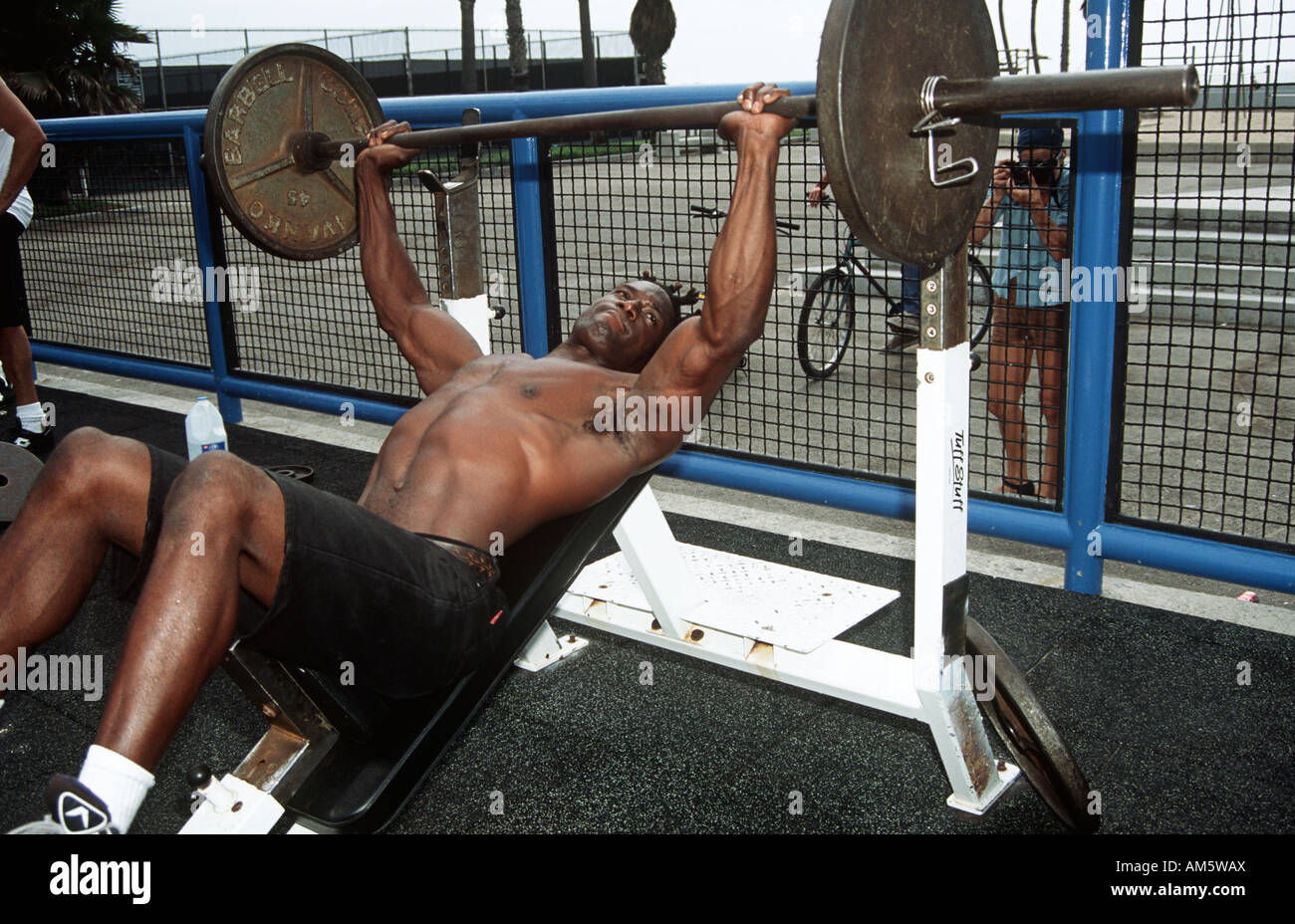 Body builder training at Muscle Beach, Venice Beach, Venice, Los