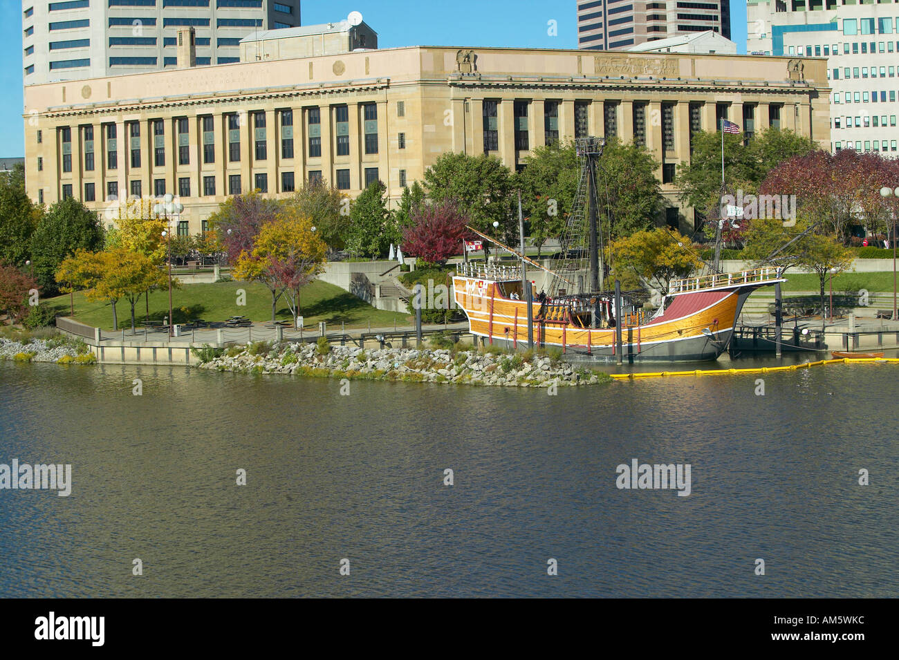 Replica of Columbus ship the Santa Maria on Scioto River Columbus Ohio skyline in autumn Stock Photo