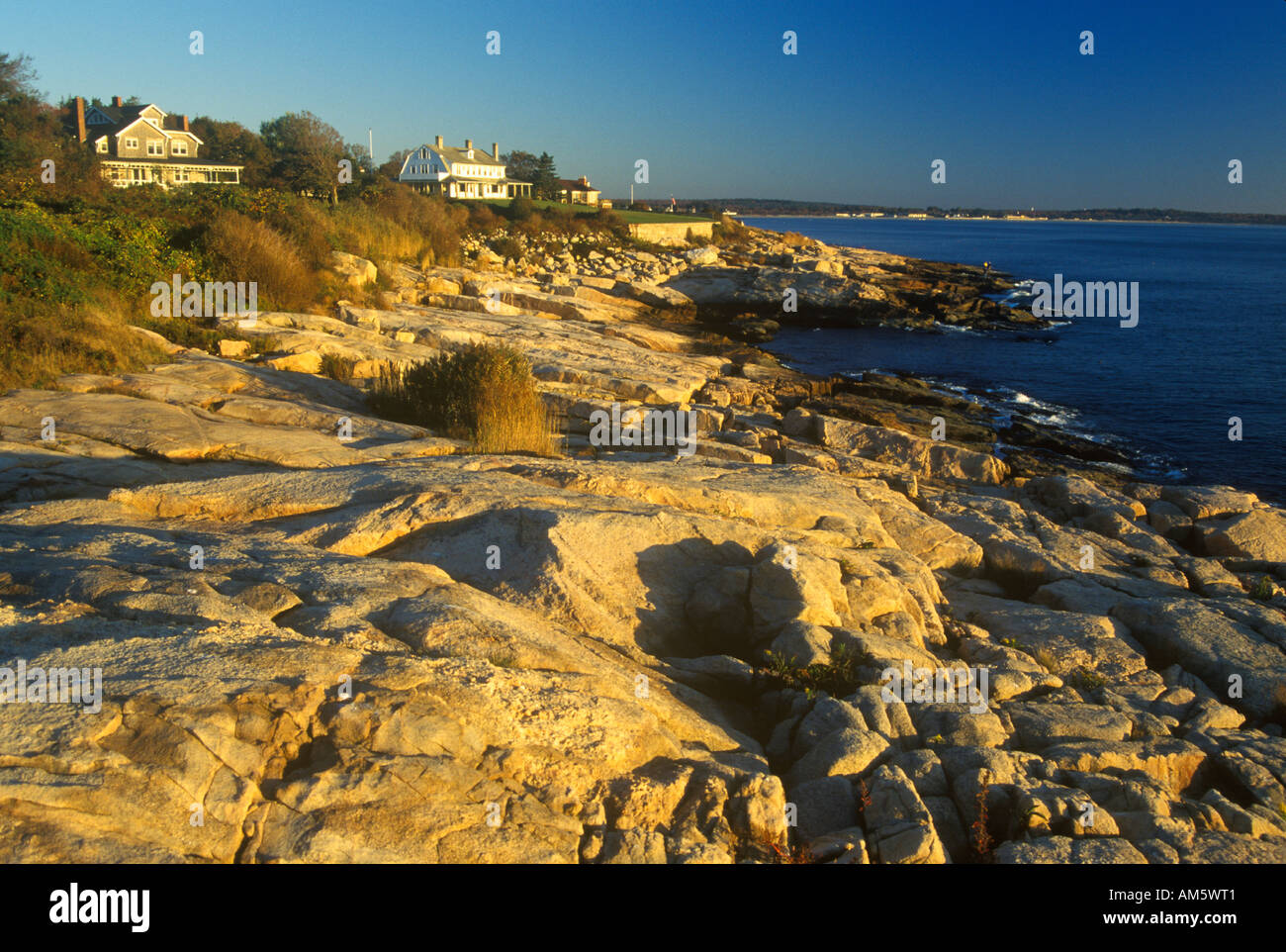 Ocean front home on Scenic route 1 at sunset Misquamicut RI Stock Photo