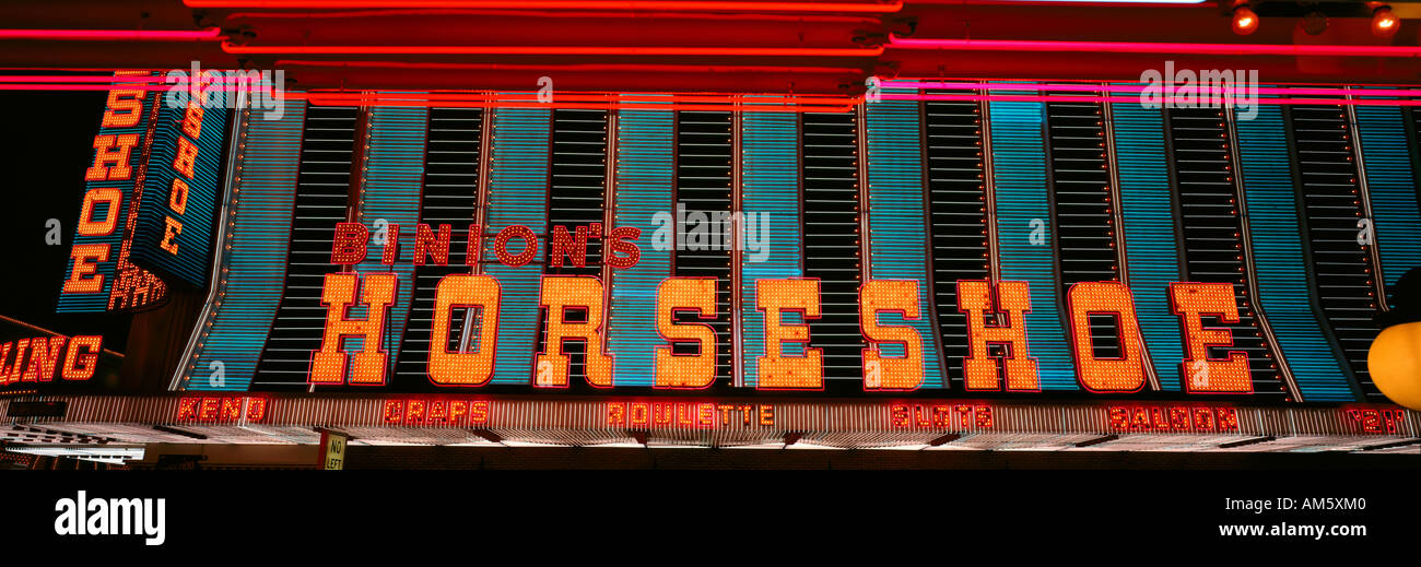 Panoramic view of Horseshoe Casino and Neon sign in Las Vegas NV Stock Photo