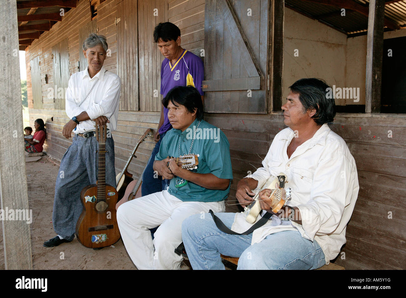 Musicians, Indians, Lomo Plata, Chaco, Paraguay, South America Stock Photo