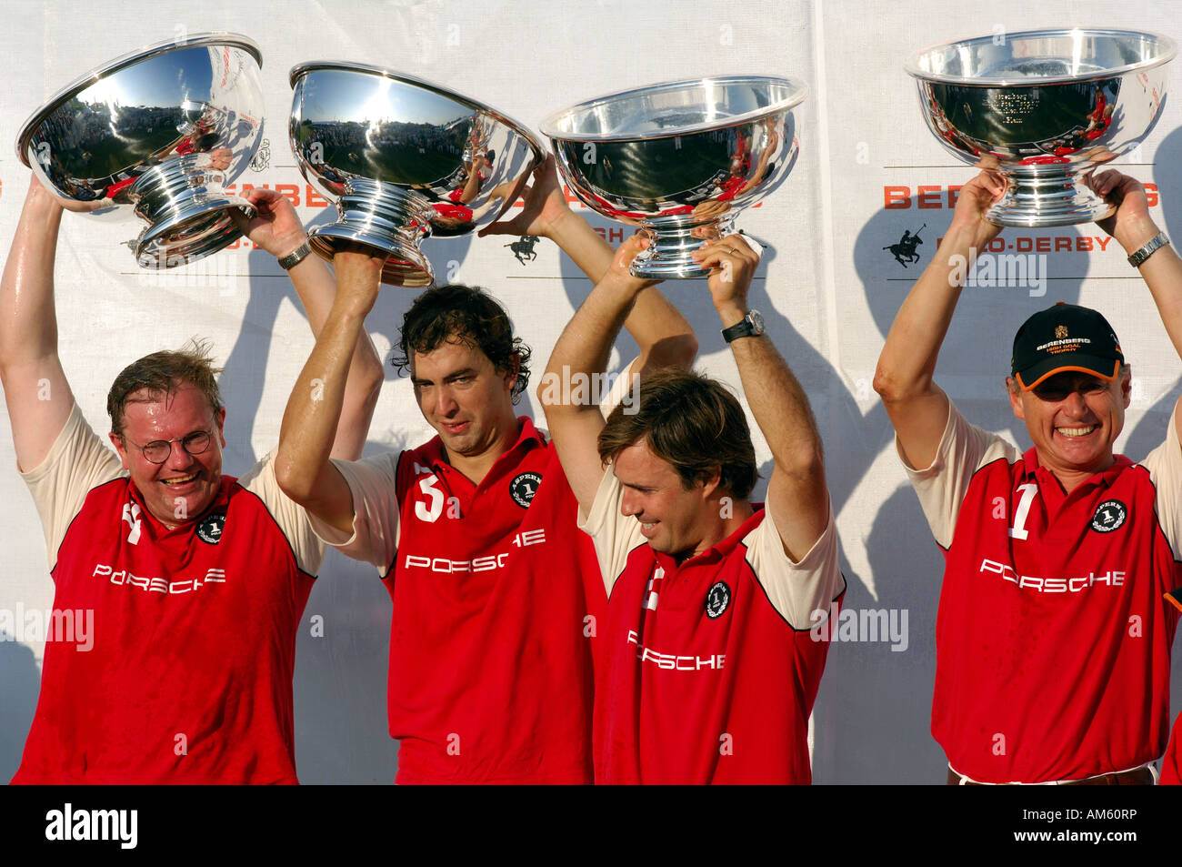 Team Porsche with there winner trophies, first place, Polo tournament, Berenberg High Goal Trophy 2007, Thann, Holzkirchen, Upp Stock Photo