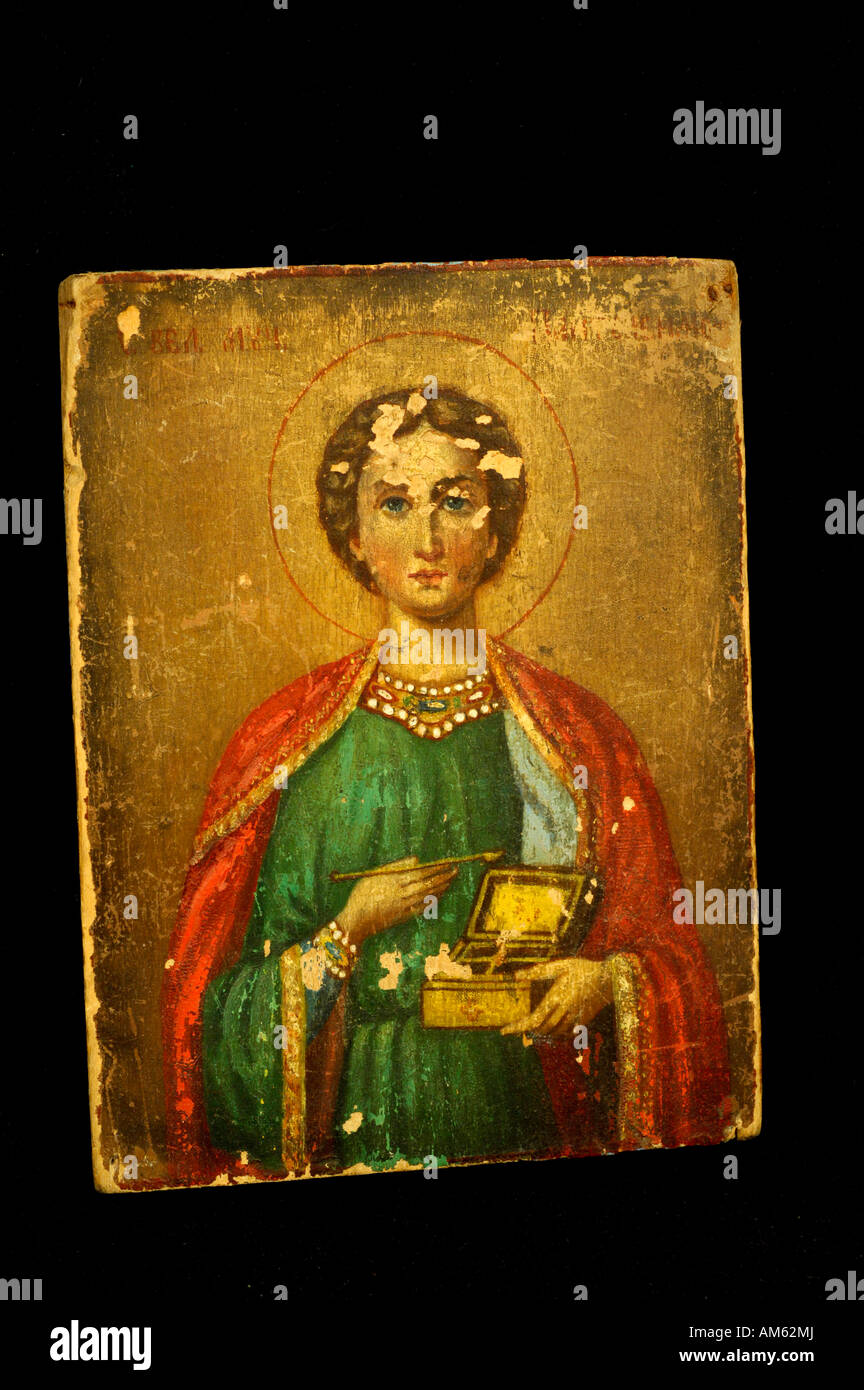 Asia, Russia. Typical Russian handicrafts. Antique painted saint icon. Property release Stock Photo