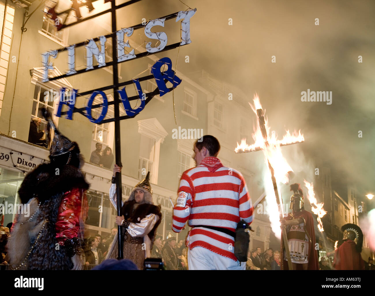 Banners And Burning Cross At the Lewes Fire Festival Sussex UK Europe Stock Photo