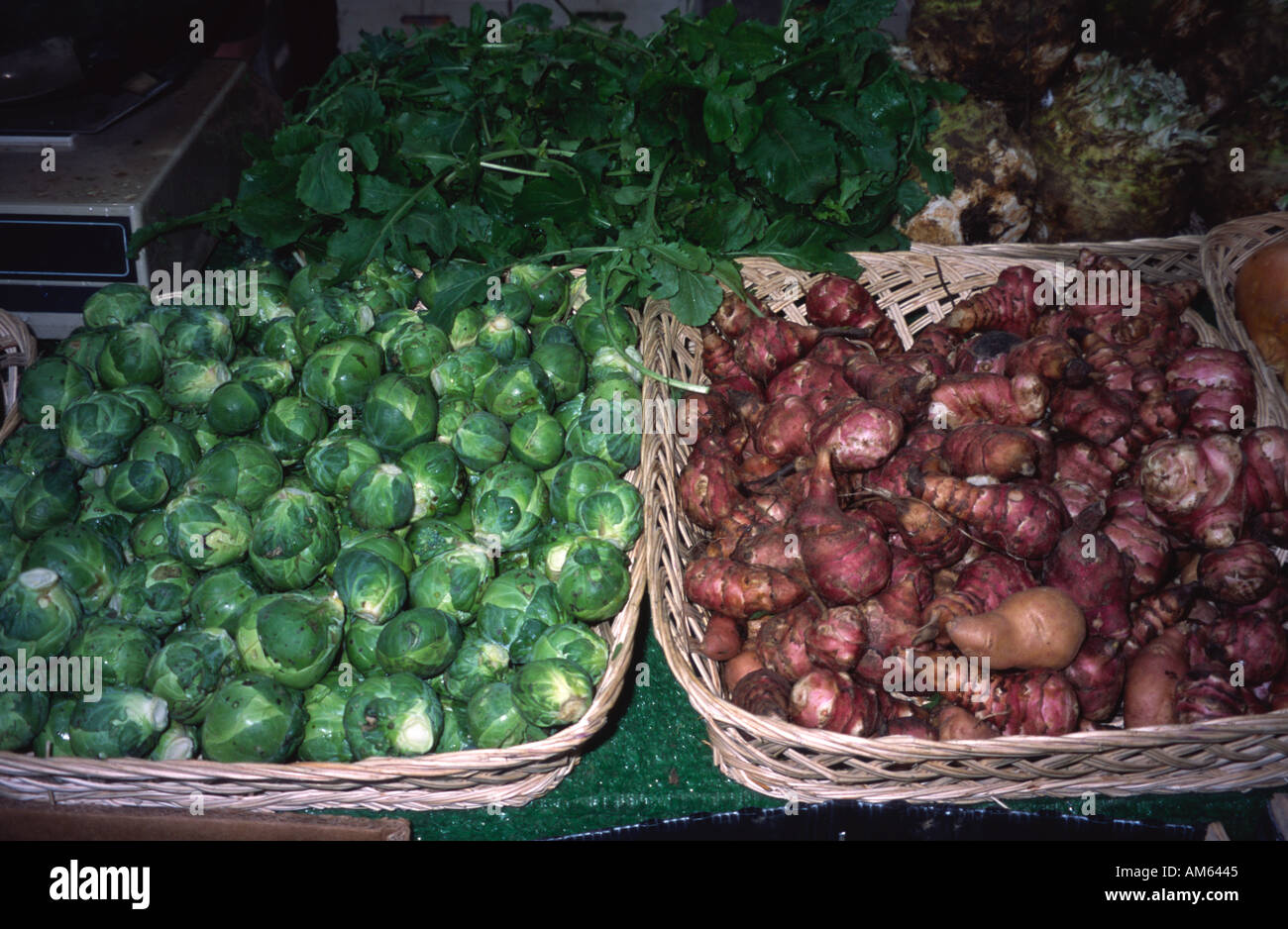 Vegetables Brussel sprouts and Jerusalem artichokes for sale at the Farmers Market Green