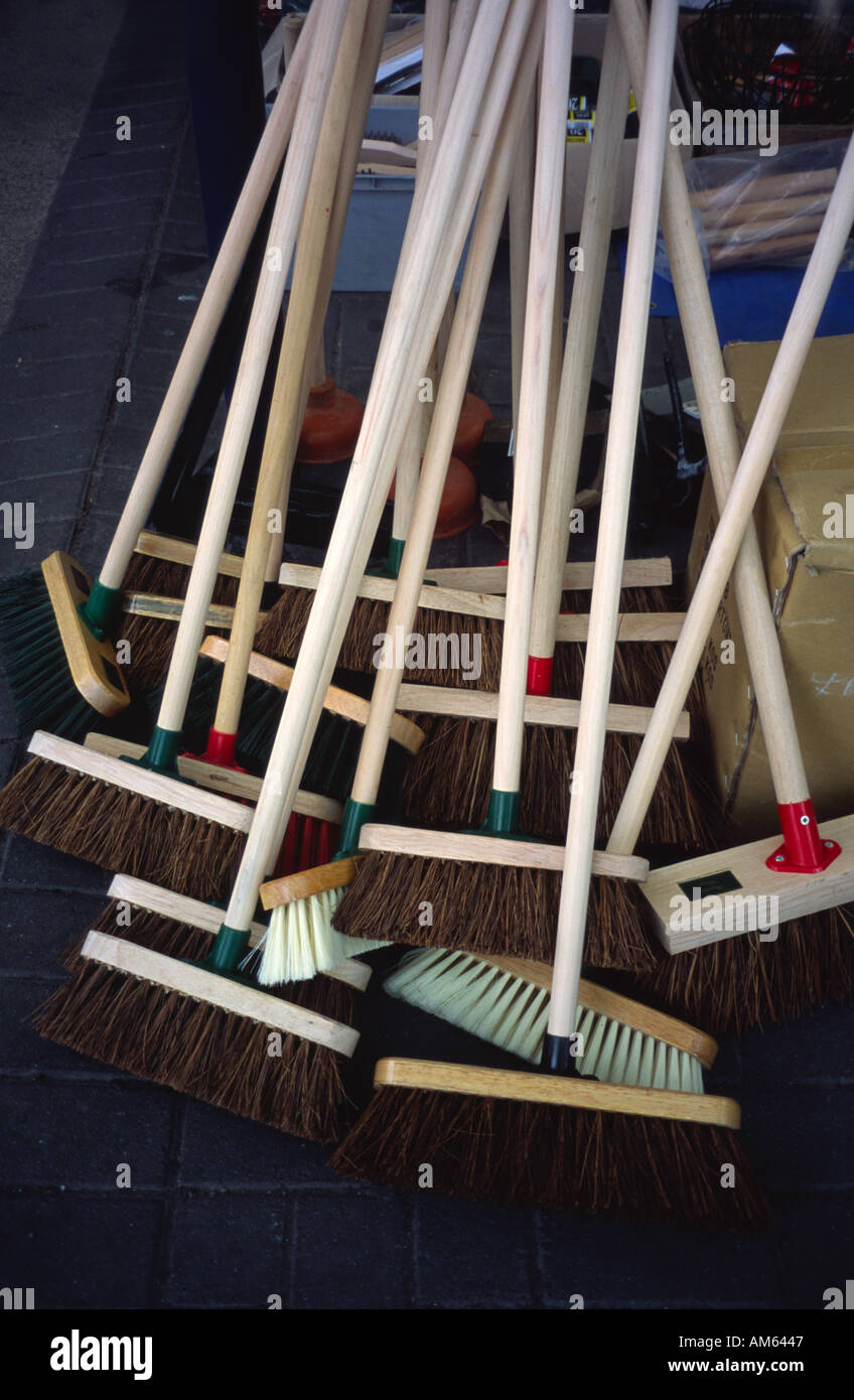 Brooms for sale at the Green Park Market Bath Spa, Somerset, England UK