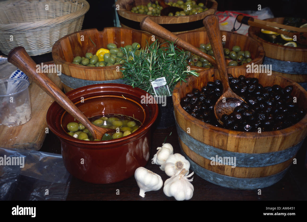 Olives in tubs for sale at the Farmers Market Green Park Bath Spa