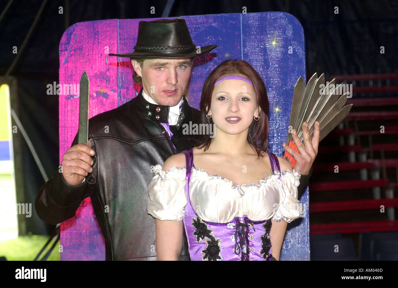Circus knife throwing act Stock Photo Alamy