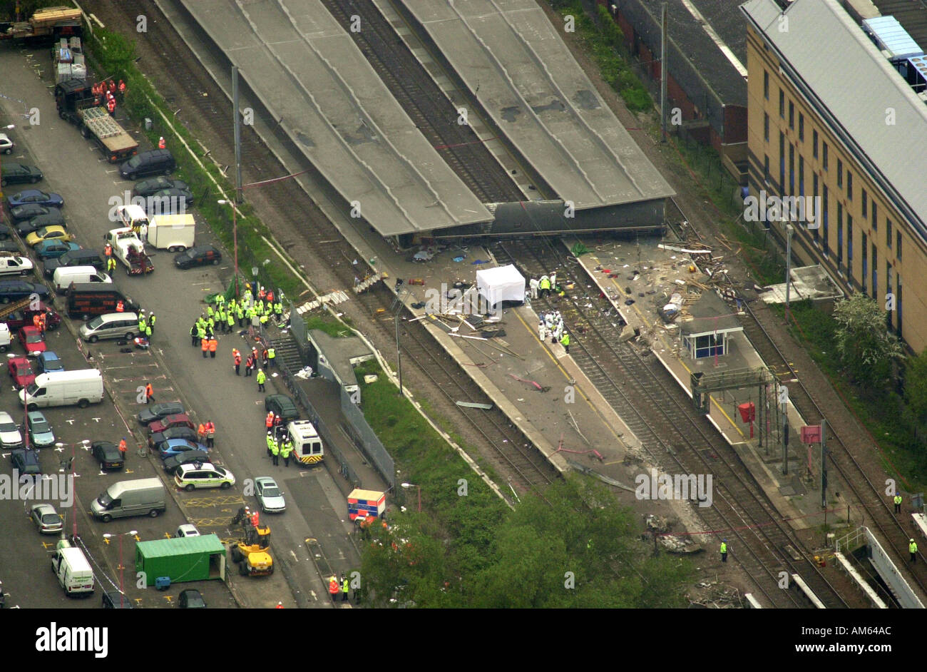Potters Bar train crash Aerial view Hertfordshire UK Stock Photo
