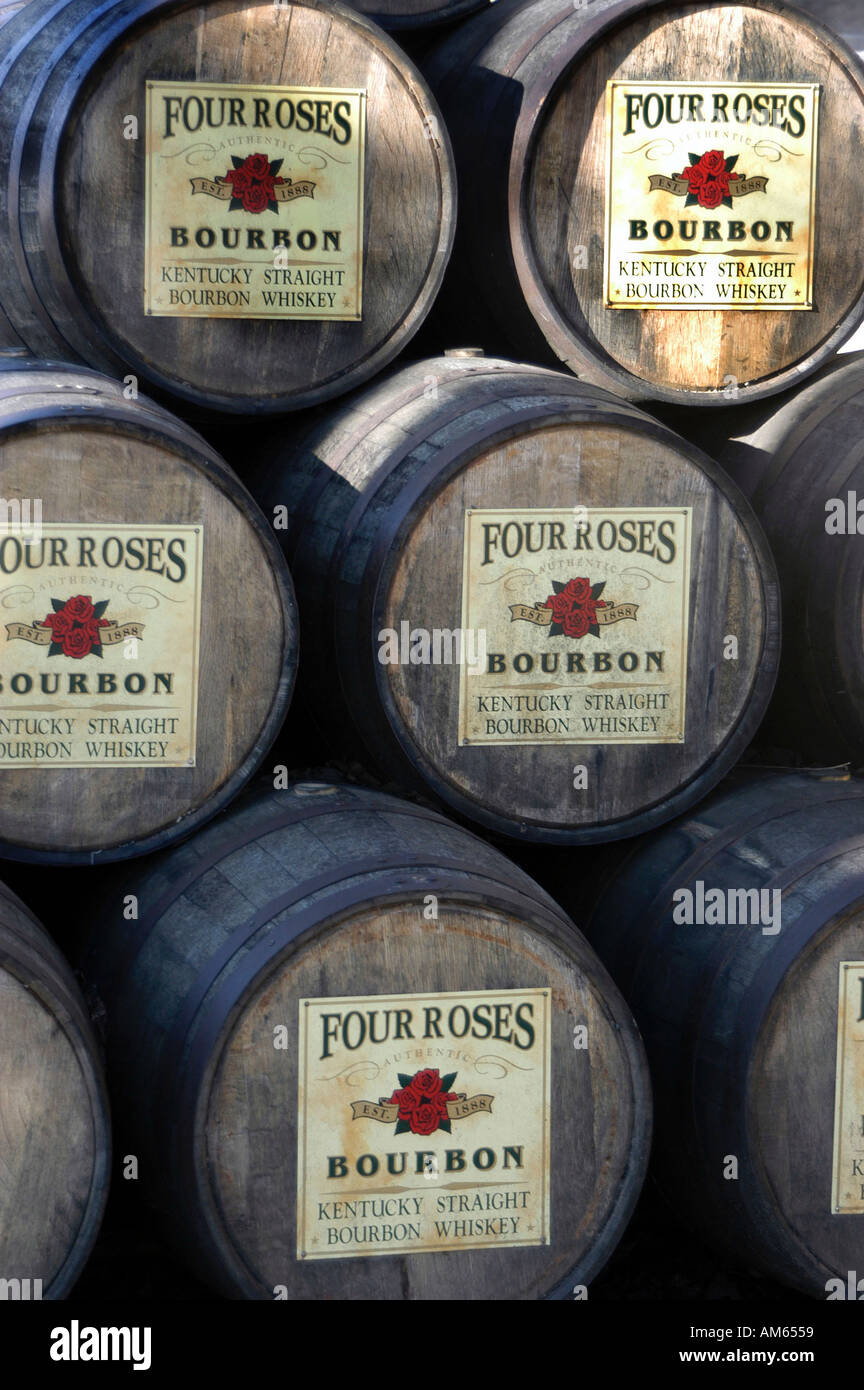 Stacked barrels of Four Roses bourbon whiskey at Kentucky distillery Stock Photo