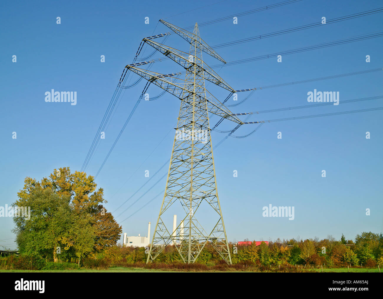 Pylon and thermal power station Unterfoehring, Bavaria, Germany Stock Photo