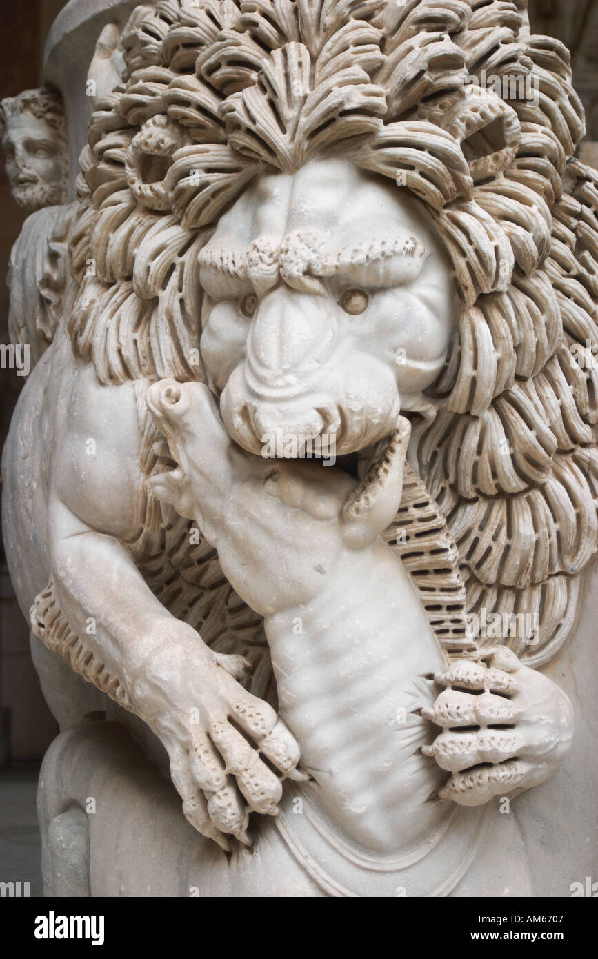 Statue of a lion attacking a horse. Vatican Museum, Rome, Lazio, Italy. Stock Photo