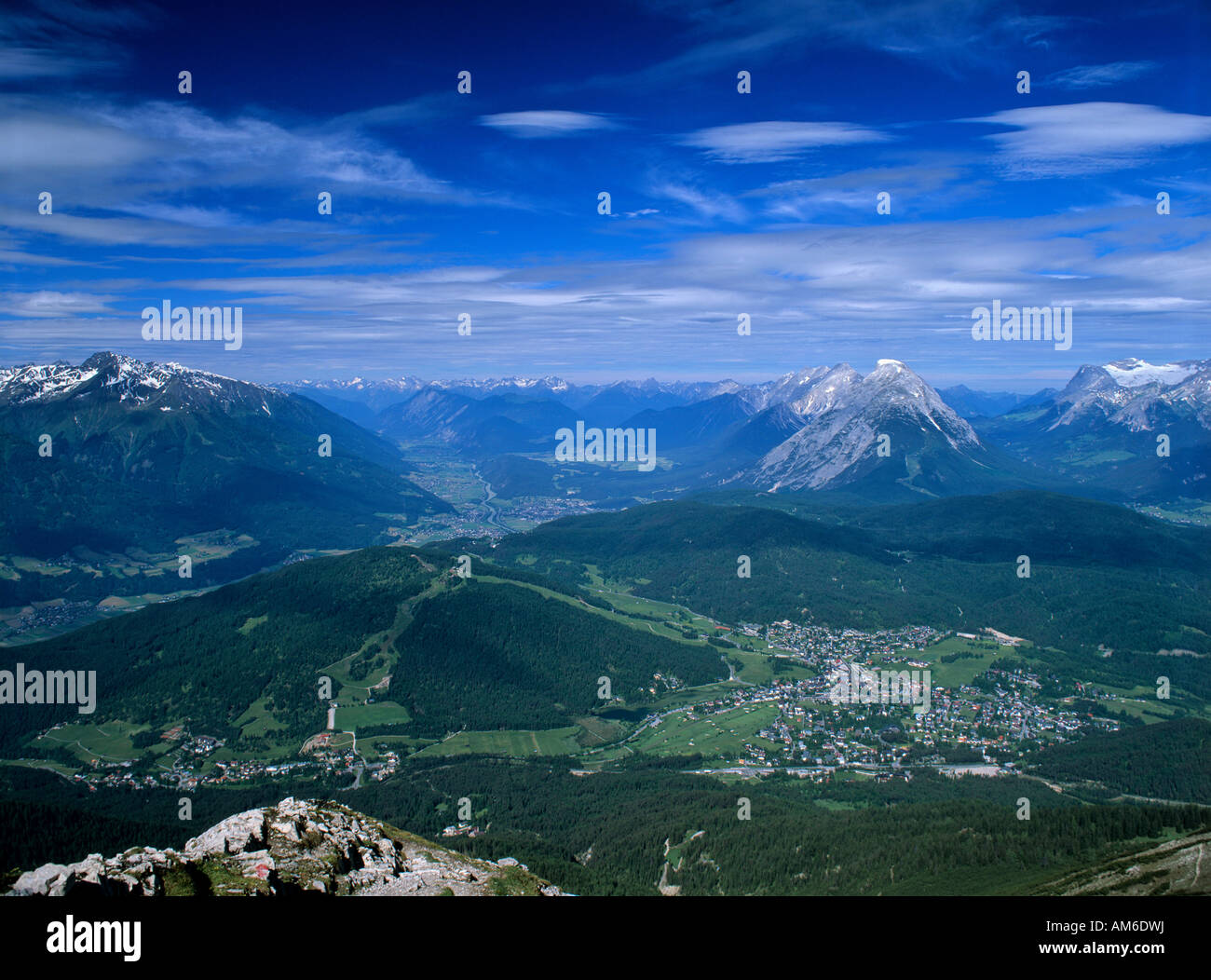 View on Seefeld, central Mieminger Kette with Hohe Munde, right hand Wettersteingebirge, Tyrol, Austria Stock Photo
