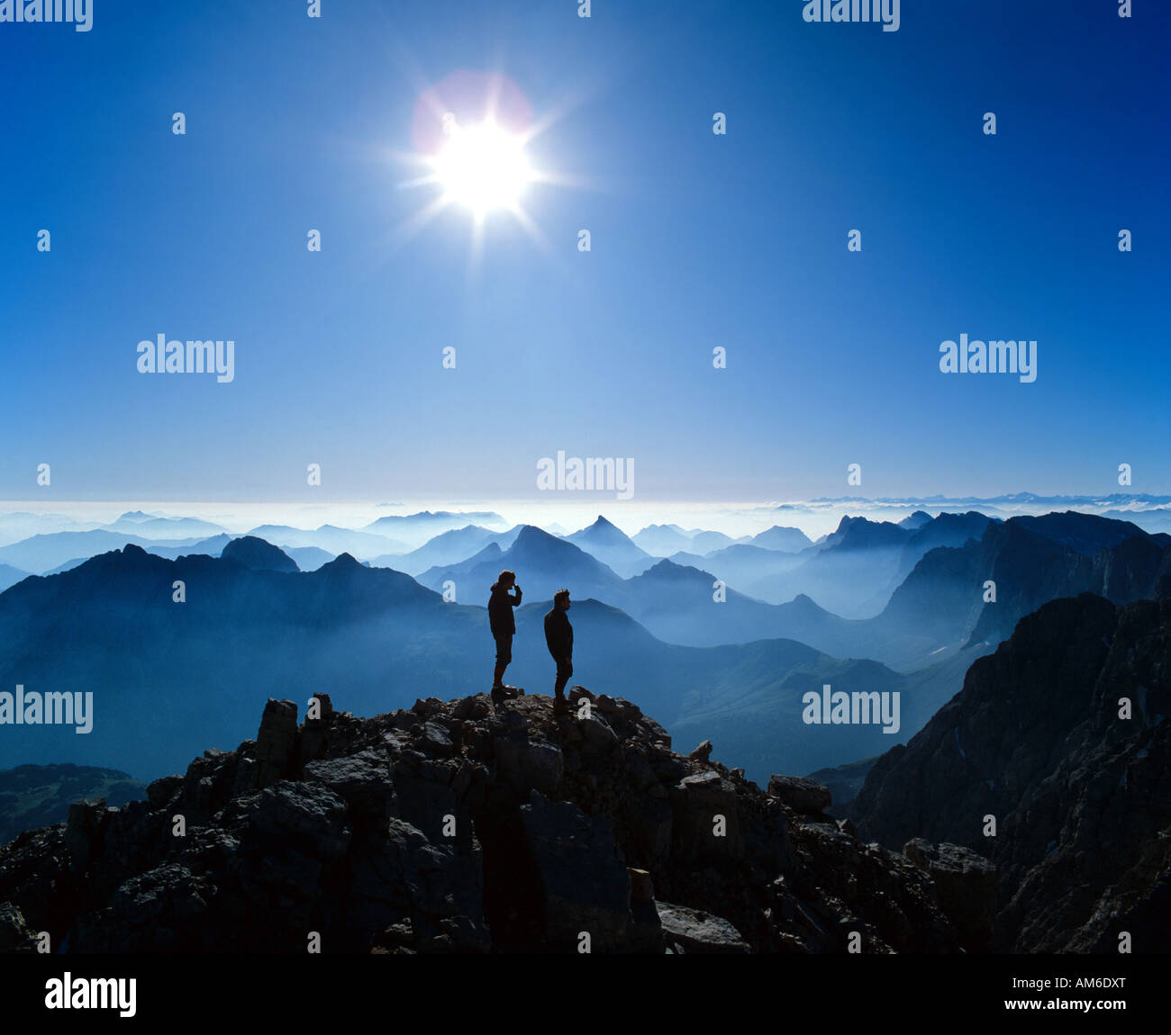 Birkkarspitze, alpinists, backlight, Karwendel, Tyrol, Austria Stock Photo