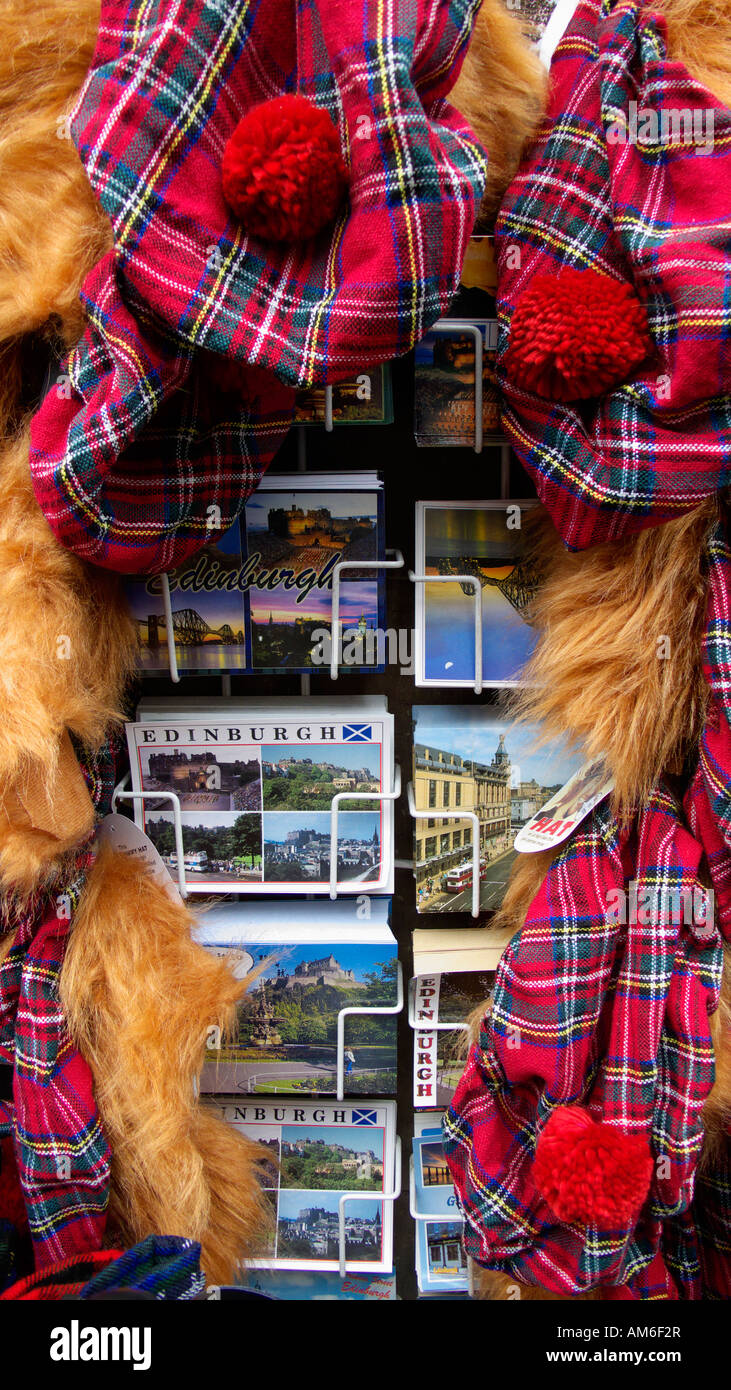 Scottish tartan hats with ginger wigs and postcards for sale. Royal