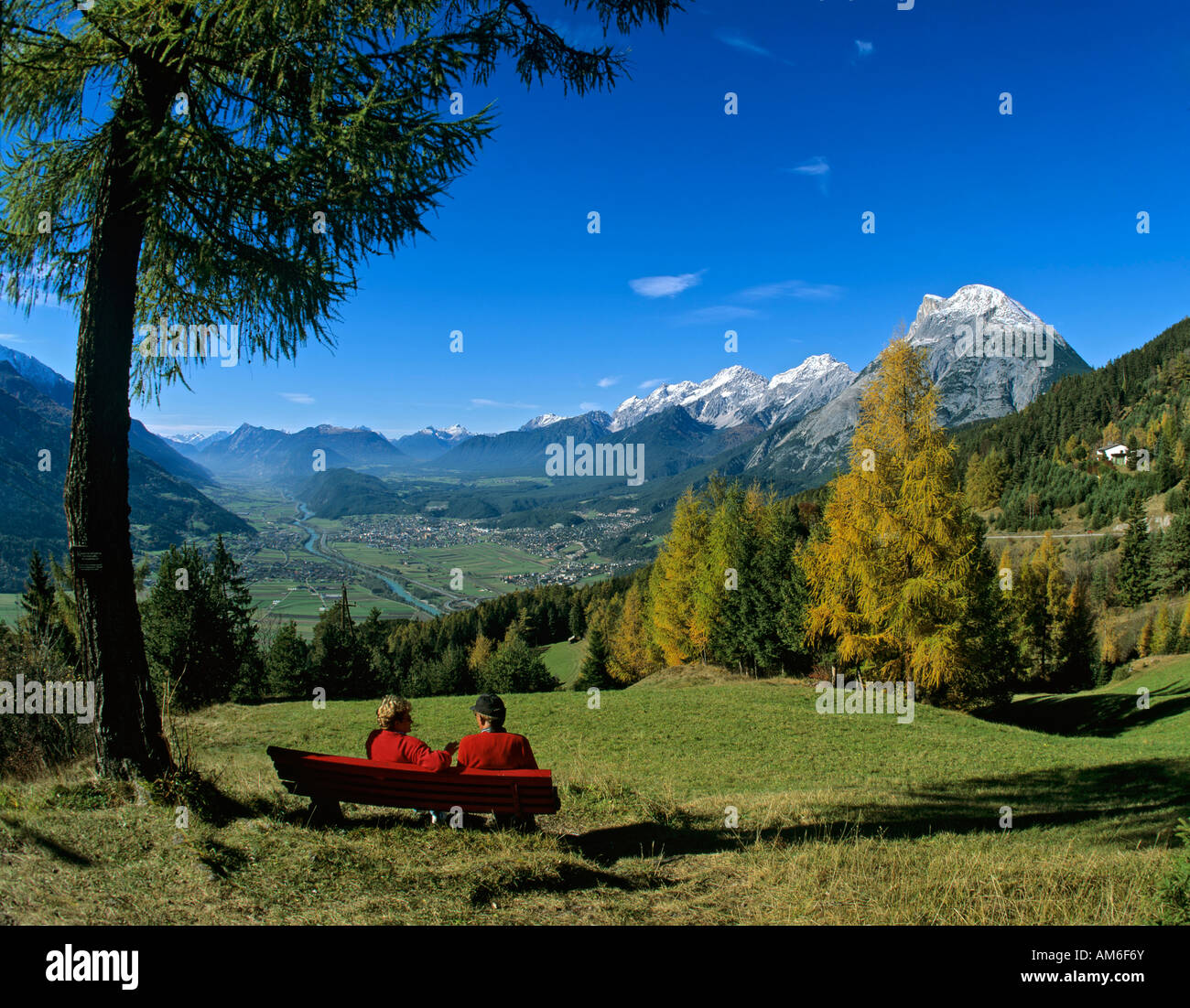 View from Moesern to the Inntal, right hand Mieminger Kette and Hohe Munde, Tyrol, Austria Stock Photo