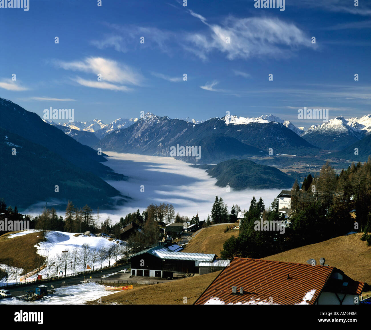 View from Moesern to the Inntal, right hand Mieminger Kette and Hohe Munde with Tschirgant, Tyrol, Austria Stock Photo