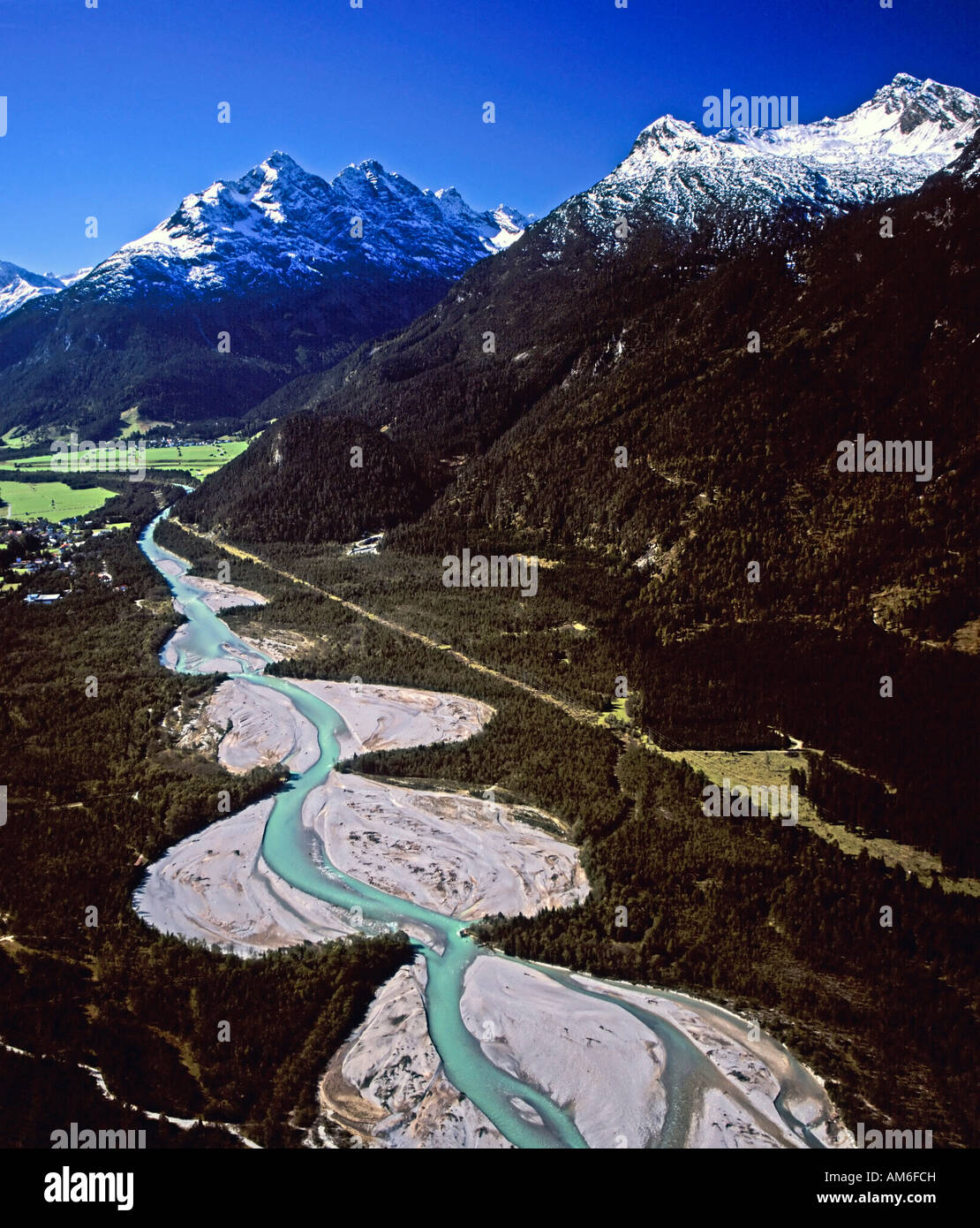 Lech between Stanzach and Forchach, Allgaeu Alps, behind Lechtal Alps, Tyrol, Austria Stock Photo