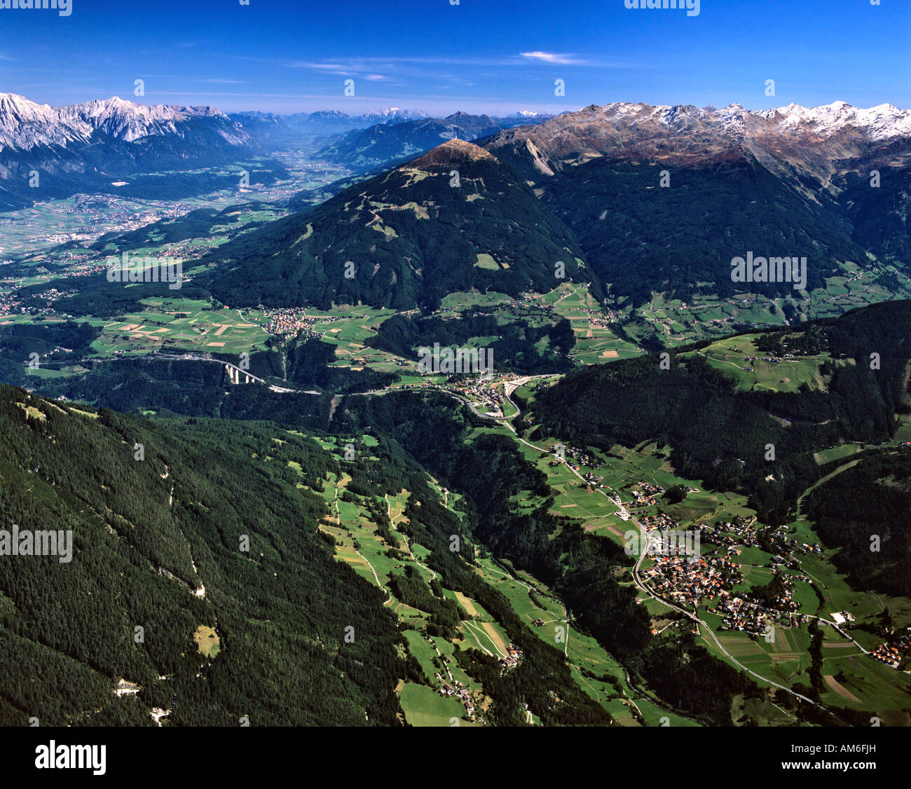 Stubai Valley, Europe's bridge, central Schoenberg, right hand Mieders, Stubai Alps, left hand behind Inn Valley and Karwendel, Stock Photo