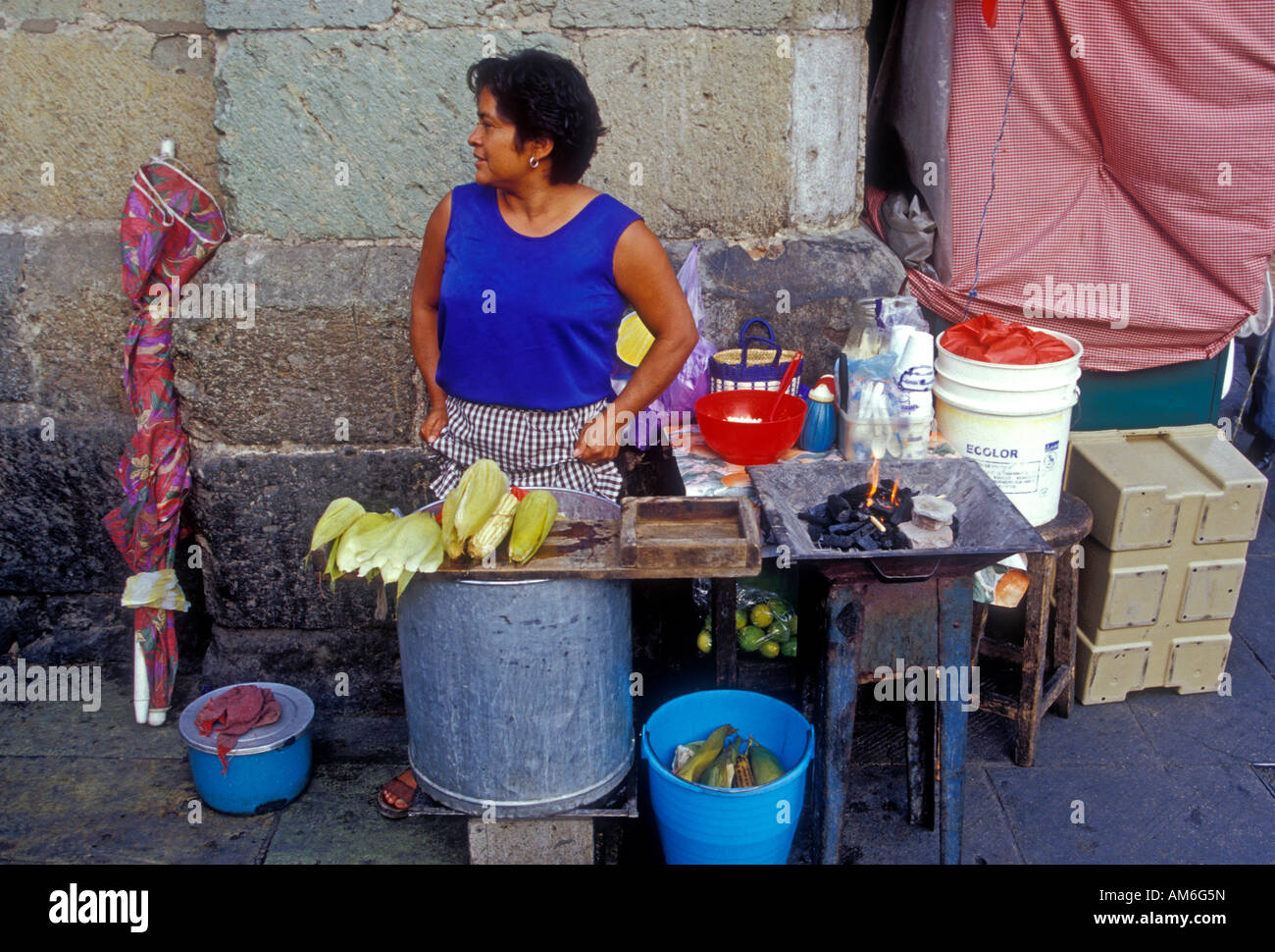1, one, Mexican woman, street vendor, food vendor, selling corn, Oaxaca