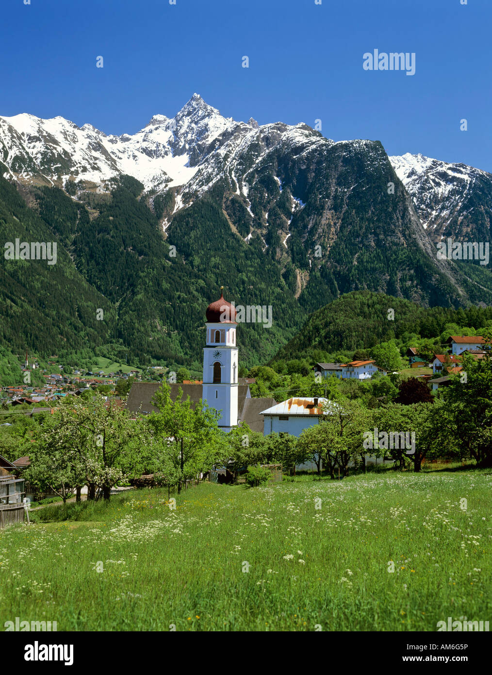 Sautens, parish church, Acherkogel, Stubai Alps, Inntal, Tyrol, Austria Stock Photo