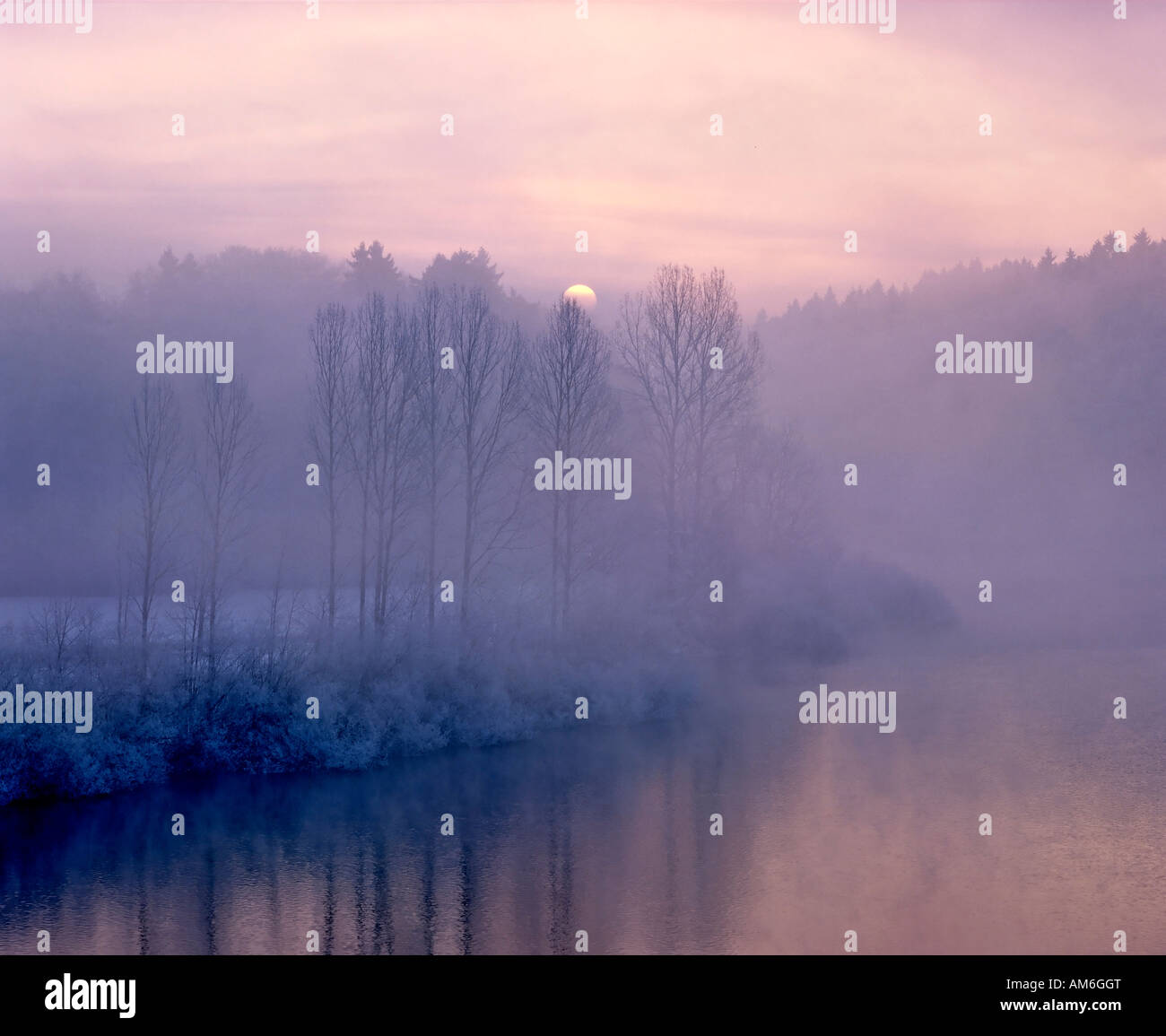 Break of dawn at Alz river, Lake Chiemsee, Chiemgau, Upper Bavaria, Germany Stock Photo