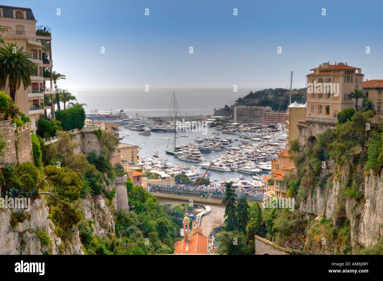 Monaco Harbour viewed from hilltop during the grandprix weekend 2007. Stock Photo