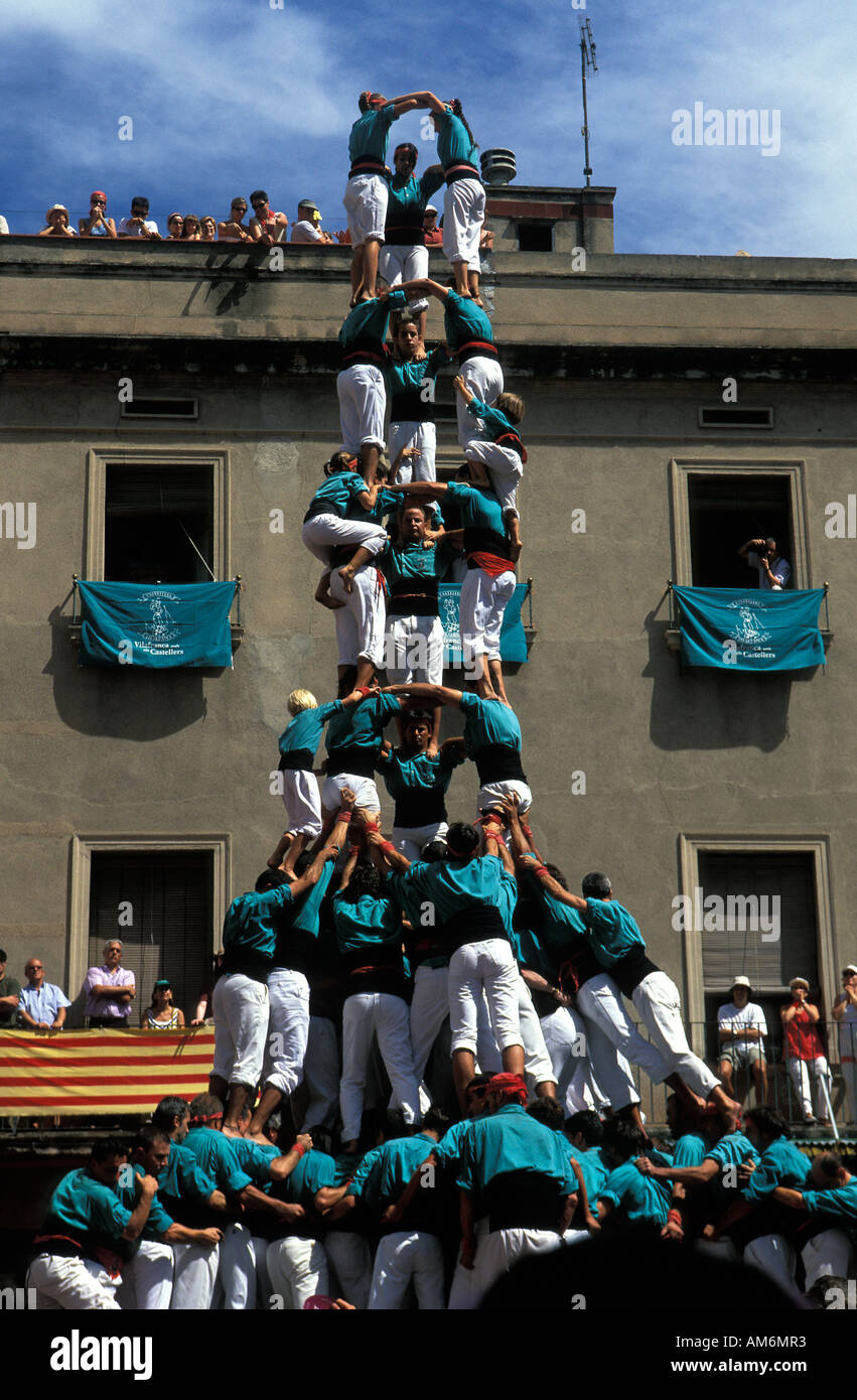 Vilafranca a finished human tower on the central square during the yearly Catalan Castells competition Stock Photo