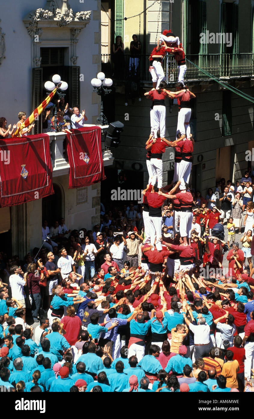 Vilafranca a finished human tower on the central square during the yearly Catalan Castells competition Stock Photo