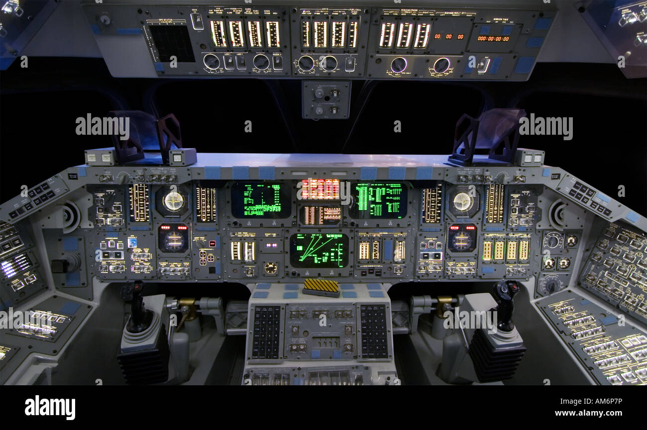 The cockpit of a NASA Space Shuttle Orbiter. Stock Photo