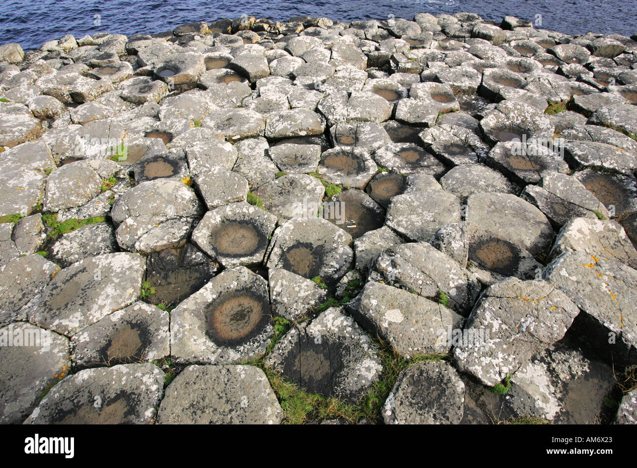 Sea water pools on top of the Hexagonal rocks at the Giants Causeway, Northern Irelands most popular tourist attraction, NI Stock Photo