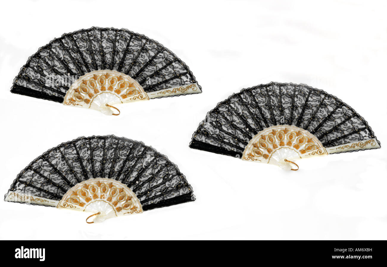 Three Spanish Fans Black Lace and Sequins Stock Photo