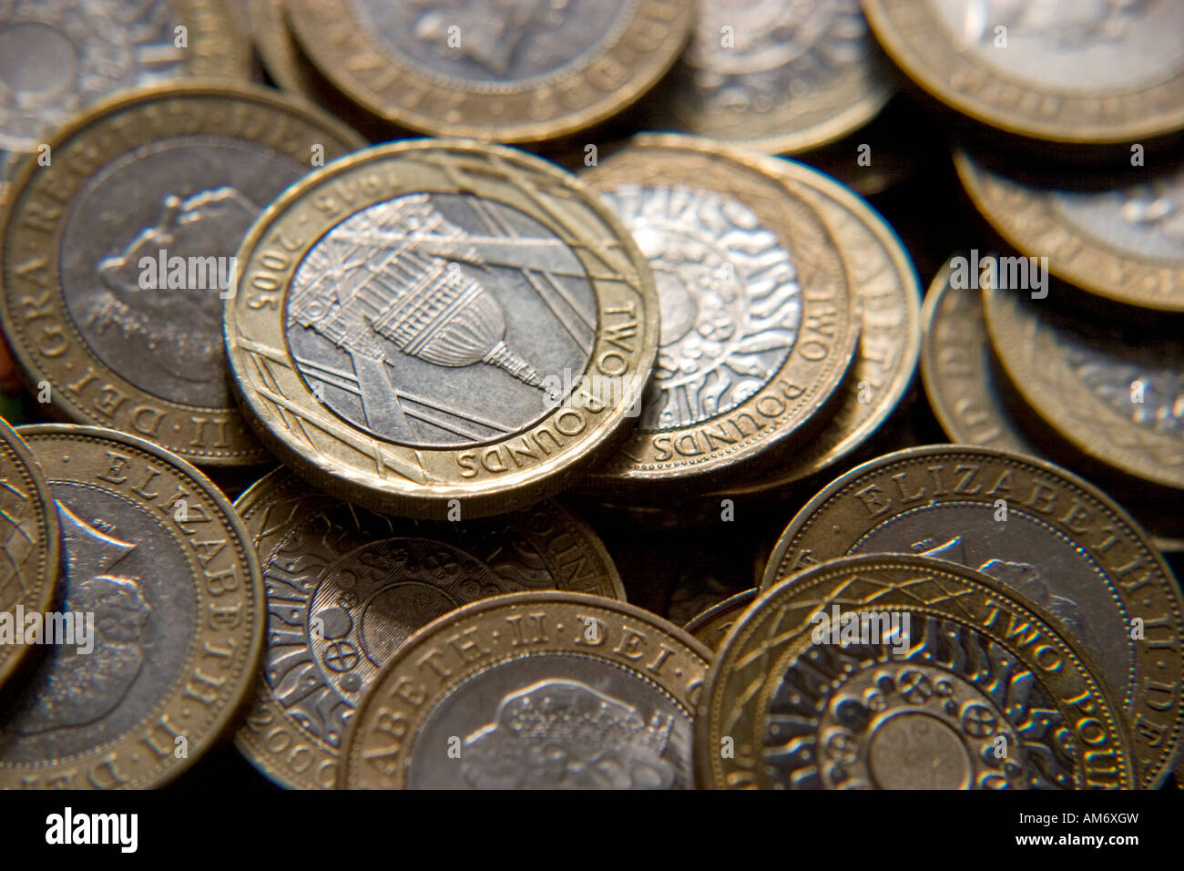 Collection of British two-pound coins Stock Photo