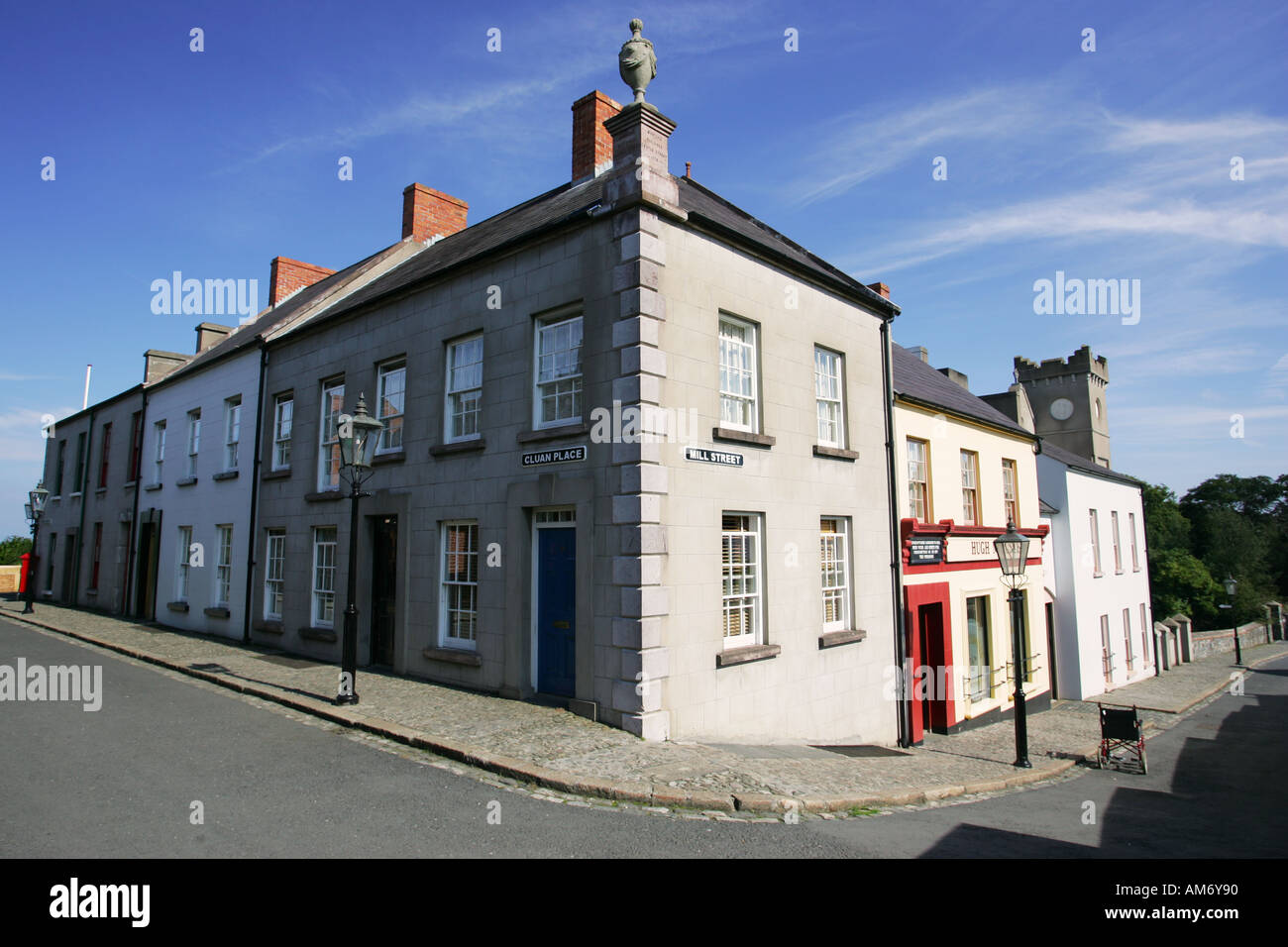 Corner of Mill Lane and Cluan Place Ballycultra town, Ulster Folk and Transport Museum Belfast Northern Ireland UK GB Stock Photo