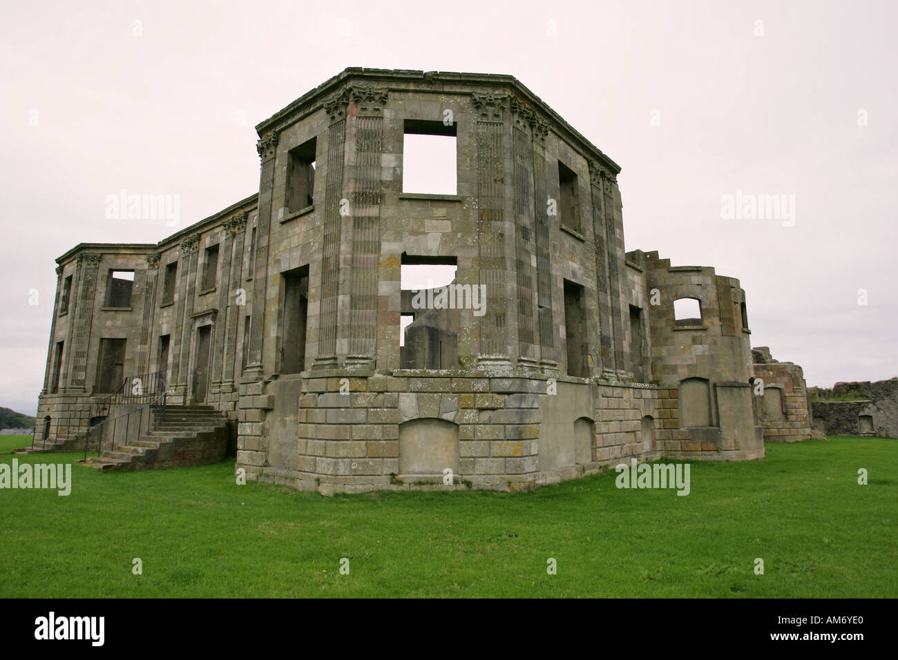 Closeup frontal view of the ruins and estate of 18th century Downhill