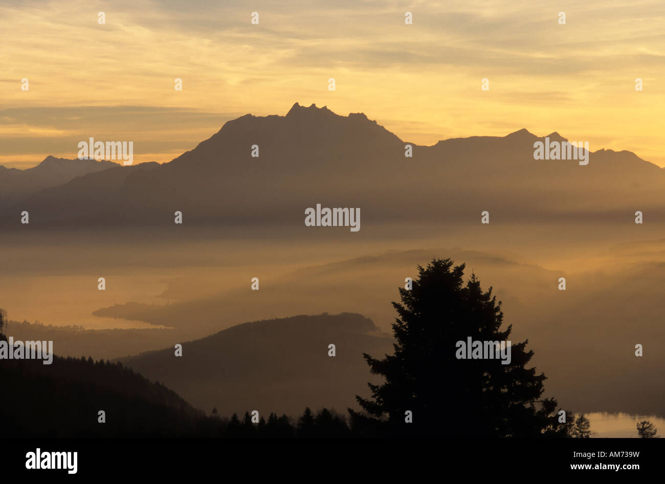 Sunset, Zugerberg, view to Pilatus and Lake Lucerne, Zug, Switzerland Stock Photo