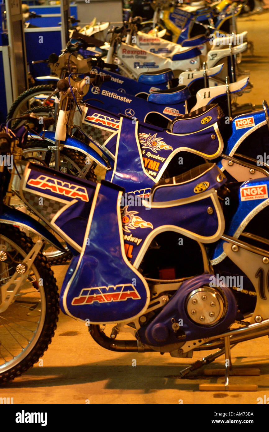 Race bikes in the paddock prior to the Speedway Grand Prix at Cardiff's Millennium Stadium Stock Photo