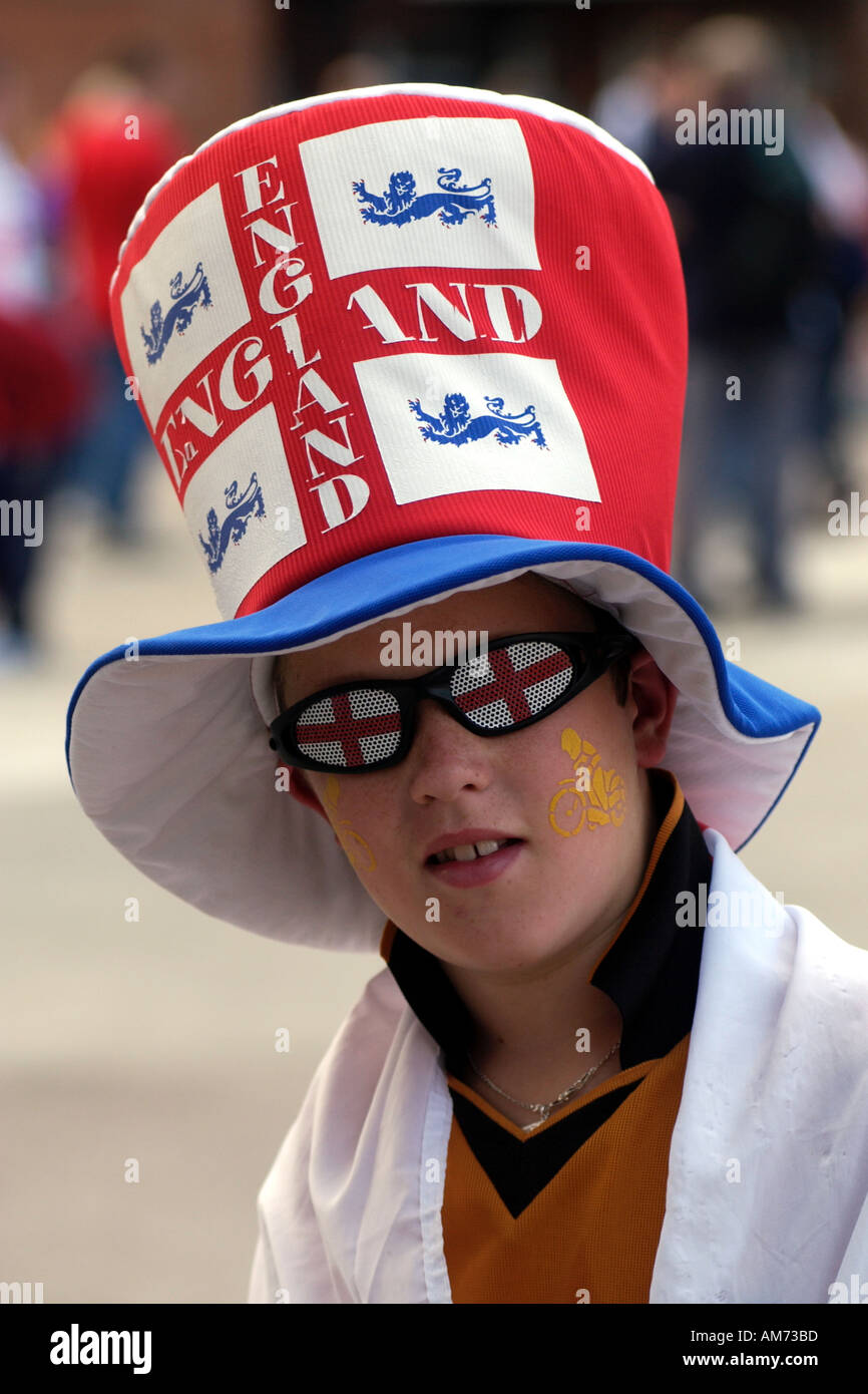 Young England fan at international sporting event in UK Stock Photo