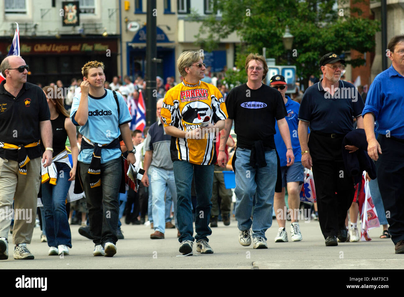 Speedway fans walk in streets of Cardiff for Speedway Grand Prix Stock Photo