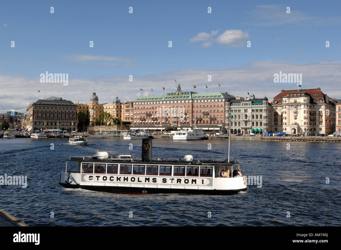 Pleasure boat in the old town harbour, Stockholm, Schweden Stock Photo